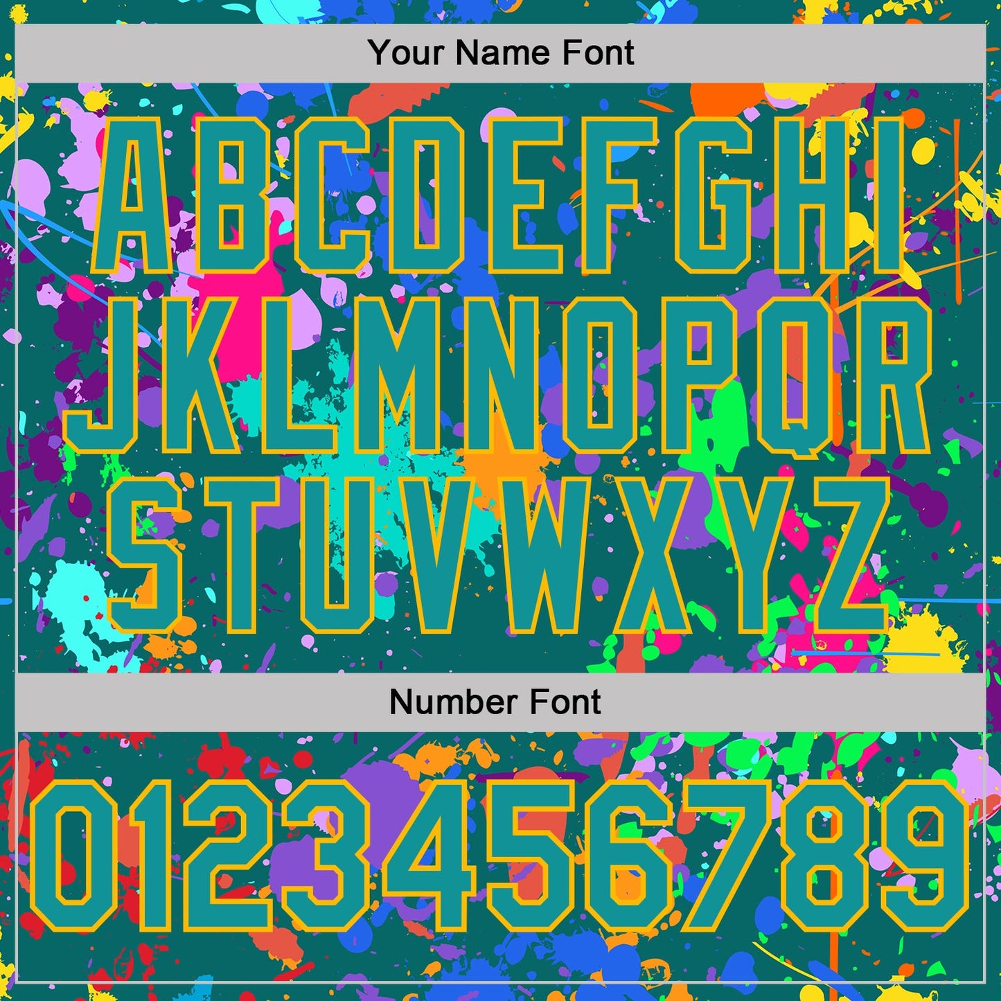 Custom Graffiti Pattern Teal-Gold Vibrant Multicolor Paint Splatter Performance T-Shirt