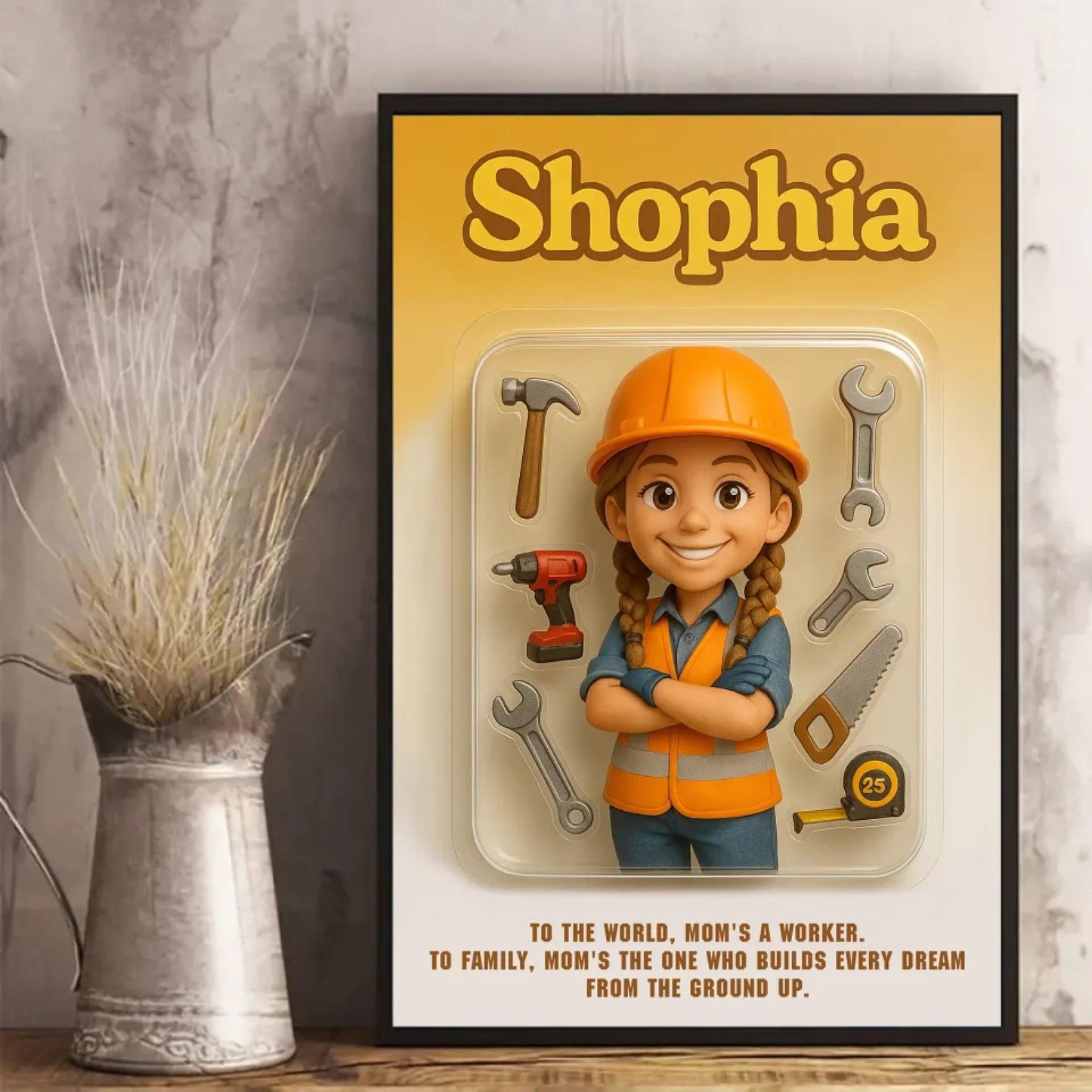 Mother’s Day Gift for Construction Worker Mom - Custom Chibi Photo & Name – Personalized Wall Art - Custom Choo