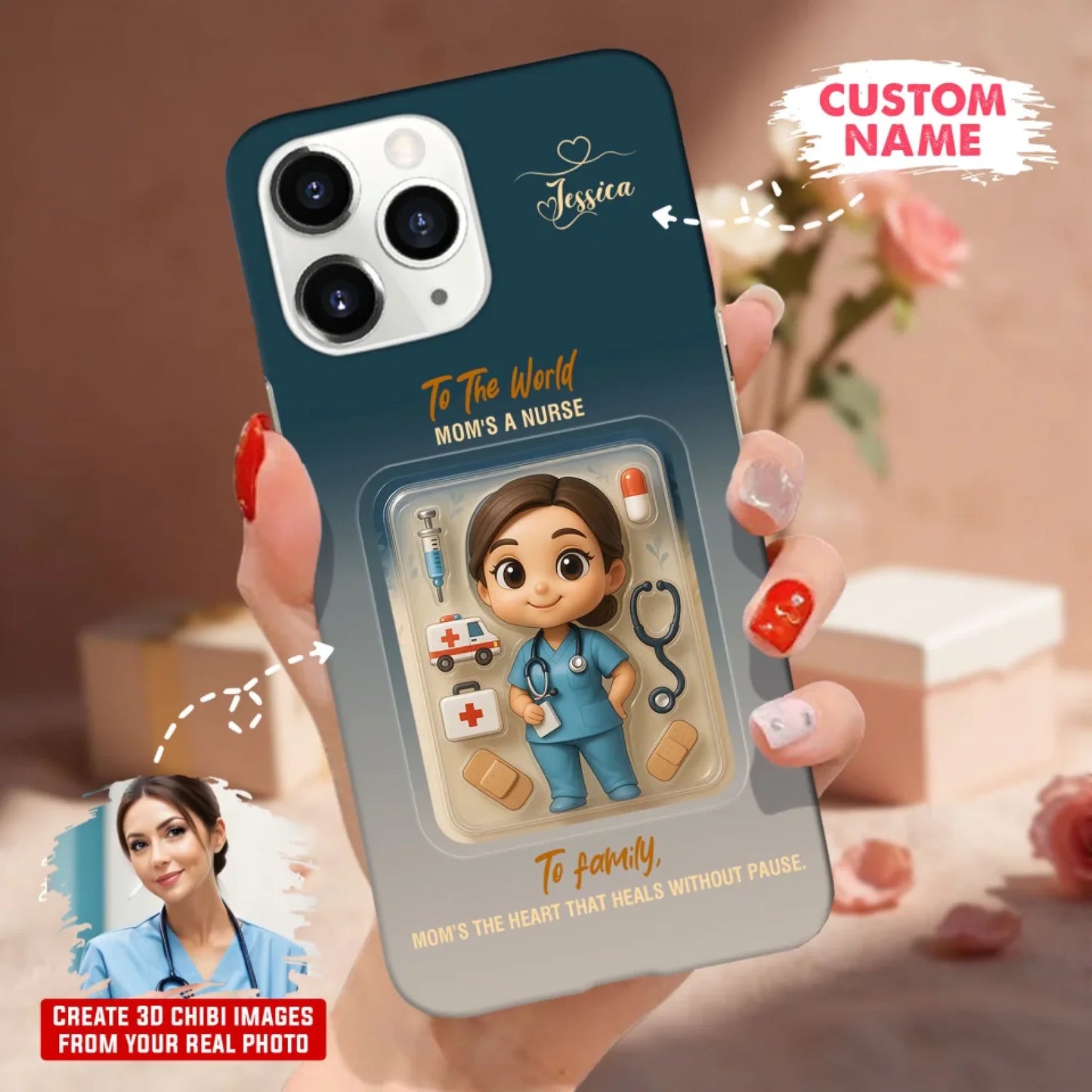 Nurse Mom Mother’s Day Gift - Personalized Photo Chibi Phone Case for Mom - Custom Choo