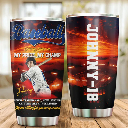 Gear up, Game On, My Pride, My Champ - Custom Photo - Name & Jersey Number – Personalized 20oz Tumbler, Custom Choo