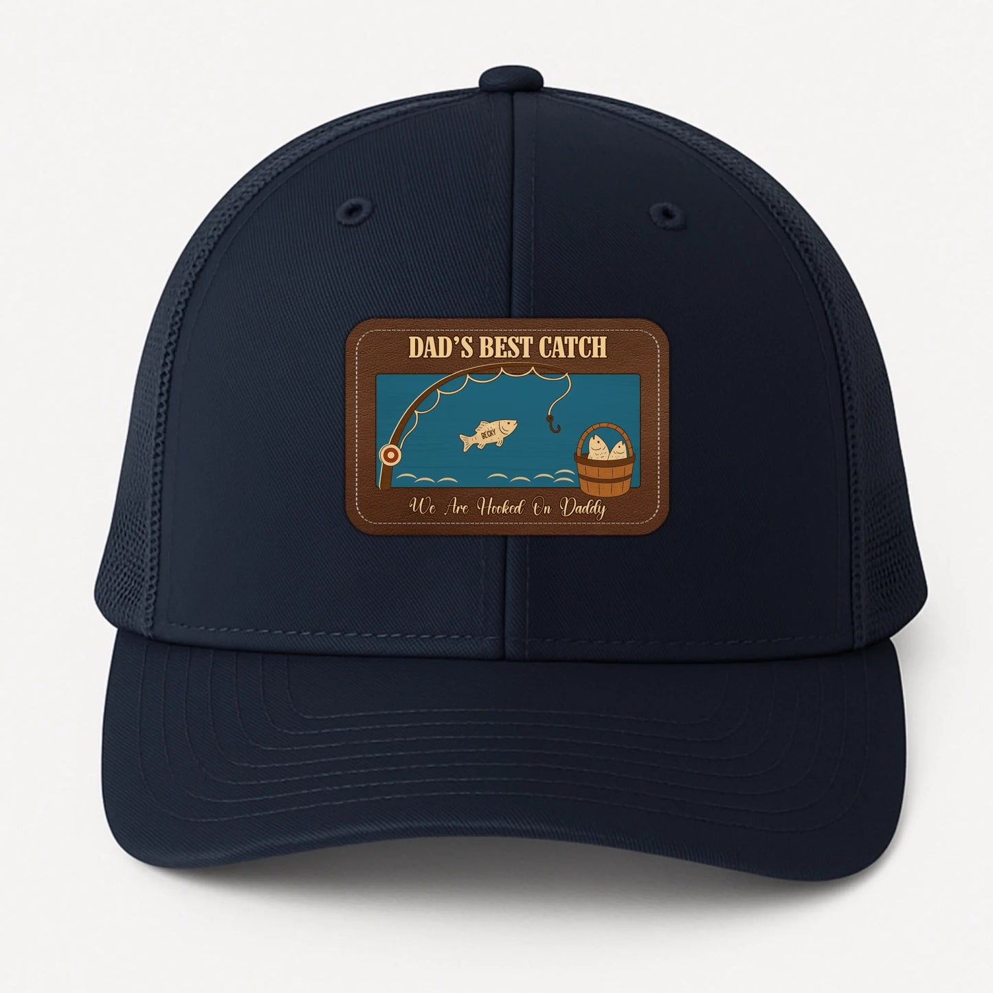 PERSONALIZED LEATHER PATCH HAT, DAD'S BEST CATCH, WE ARE HOOKED ON DADDY, Custom Choo