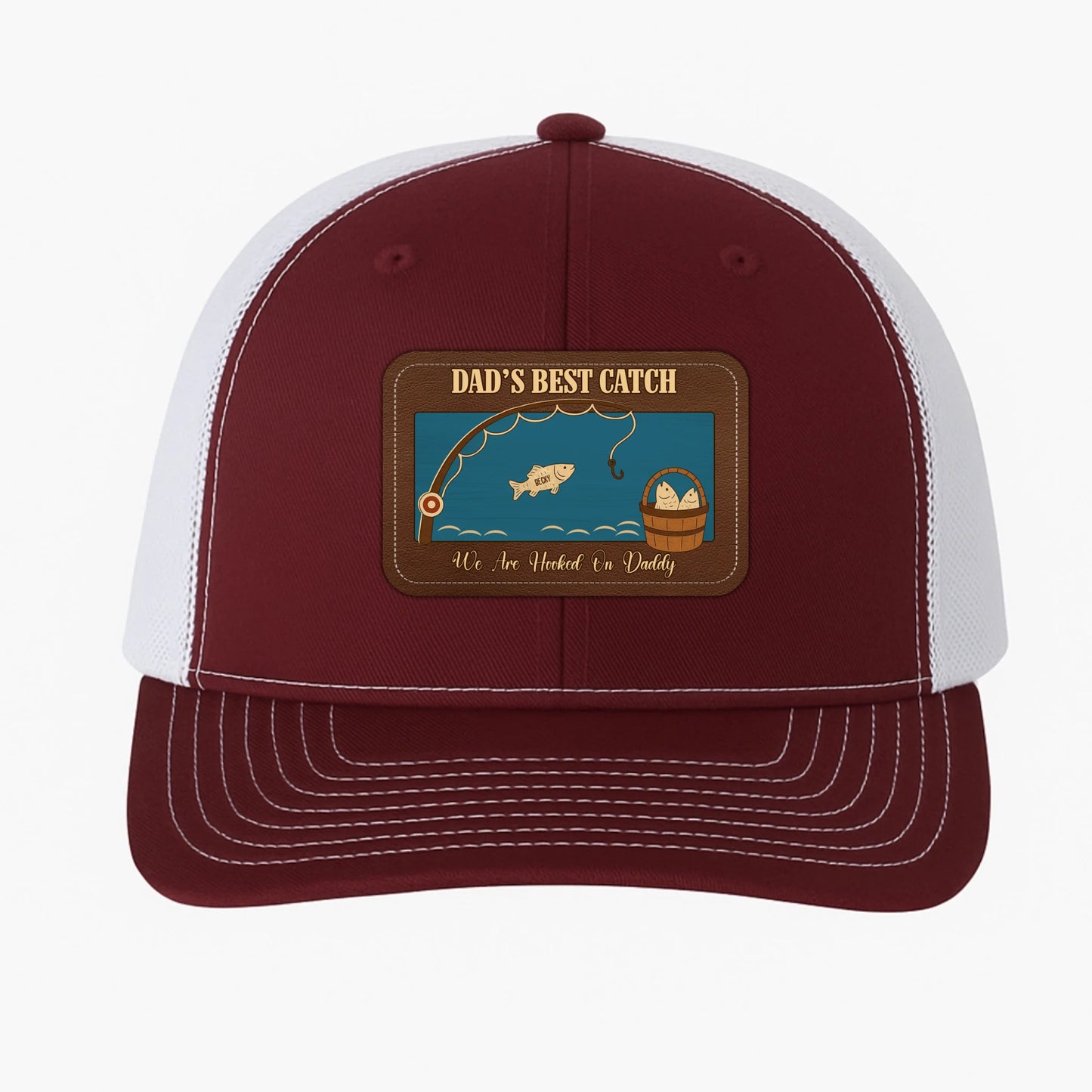 PERSONALIZED LEATHER PATCH HAT, DAD'S BEST CATCH, WE ARE HOOKED ON DADDY, Custom Choo