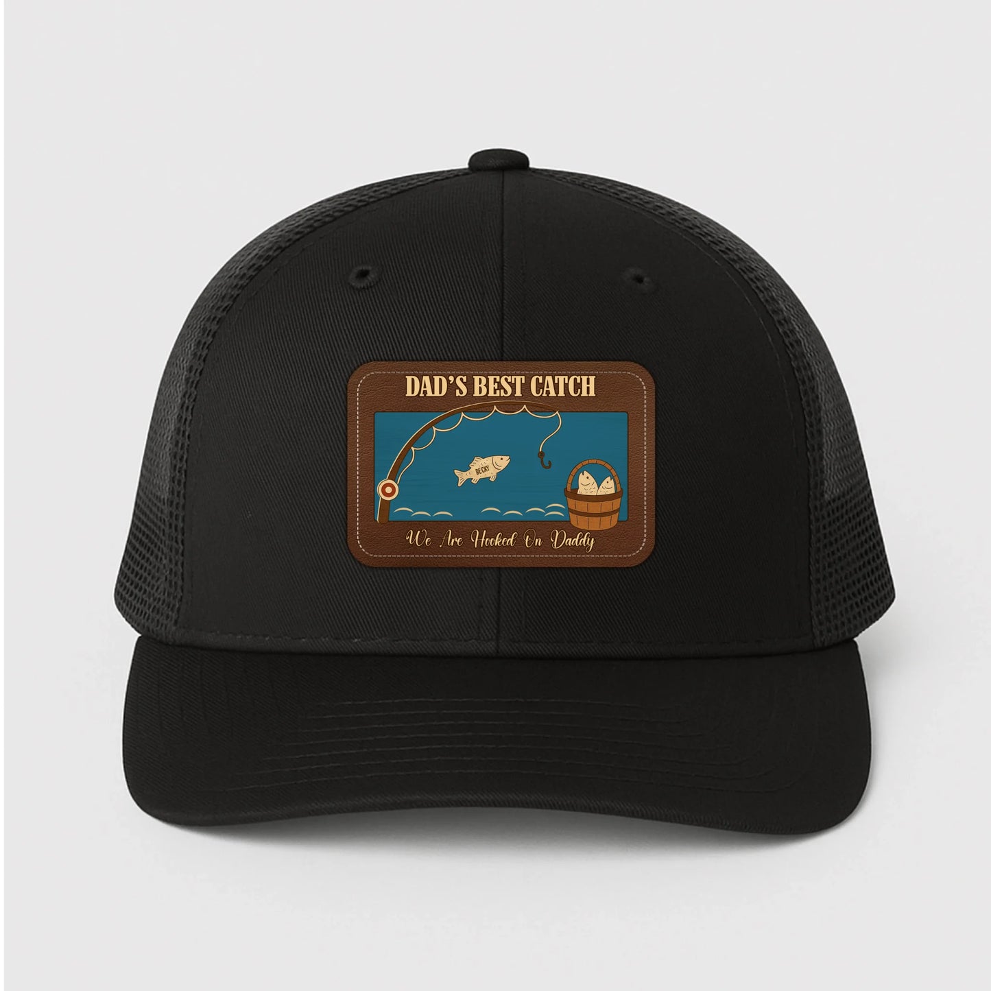 PERSONALIZED LEATHER PATCH HAT, DAD'S BEST CATCH, WE ARE HOOKED ON DADDY, Custom Choo