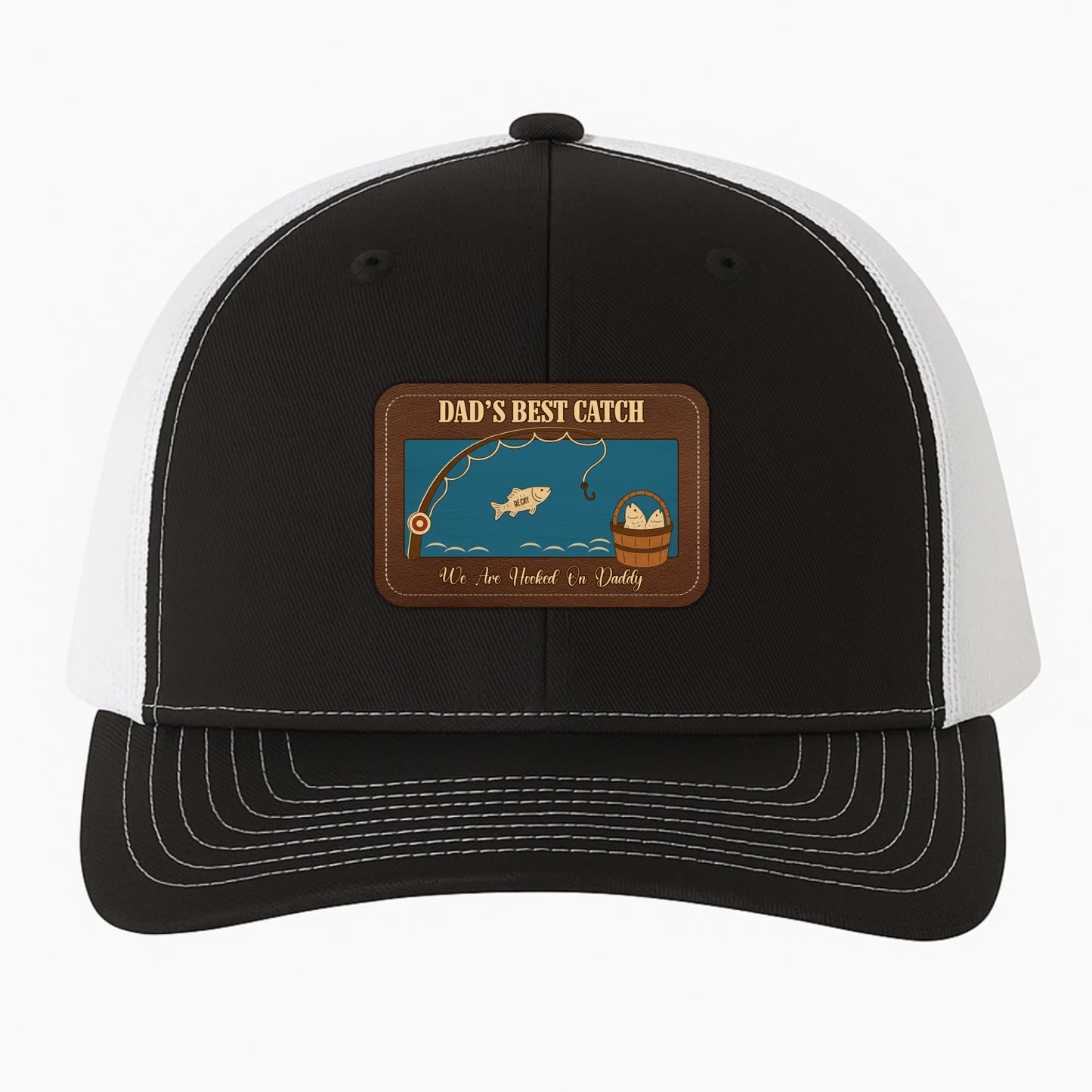 PERSONALIZED LEATHER PATCH HAT, DAD'S BEST CATCH, WE ARE HOOKED ON DADDY, Custom Choo