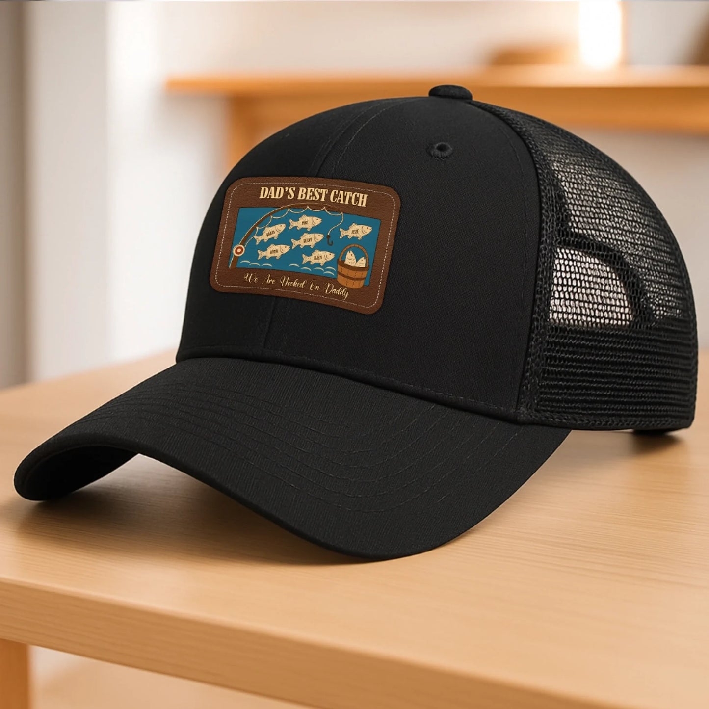 PERSONALIZED LEATHER PATCH HAT, DAD'S BEST CATCH, WE ARE HOOKED ON DADDY, Custom Choo