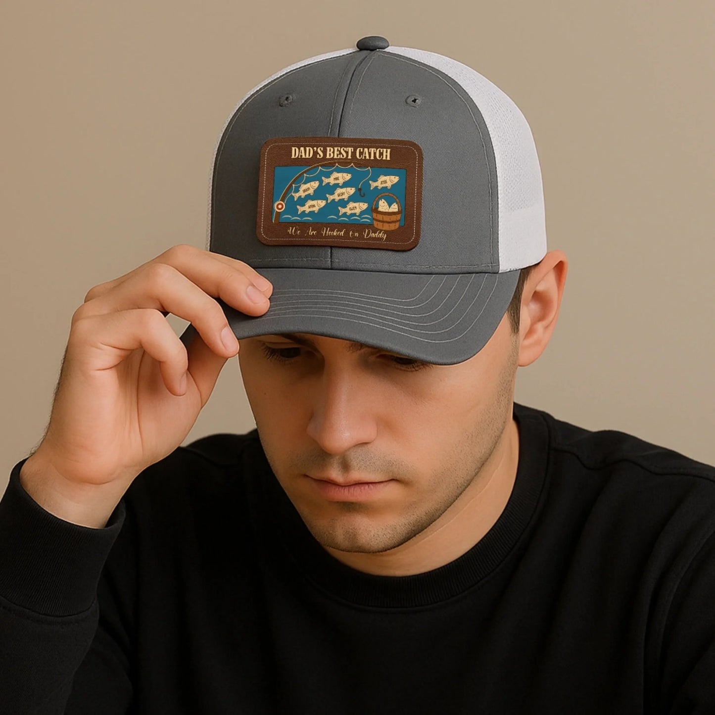 PERSONALIZED LEATHER PATCH HAT, DAD'S BEST CATCH, WE ARE HOOKED ON DADDY, Custom Choo
