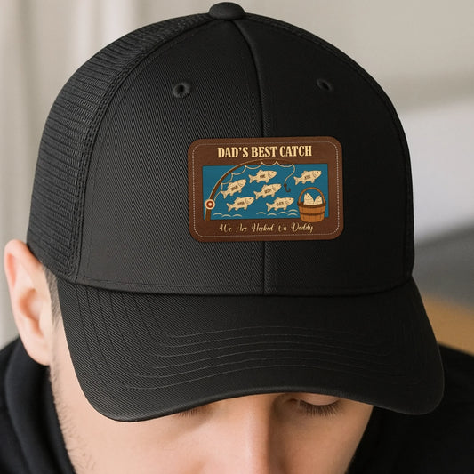 PERSONALIZED LEATHER PATCH HAT, DAD'S BEST CATCH, WE ARE HOOKED ON DADDY, Custom Choo