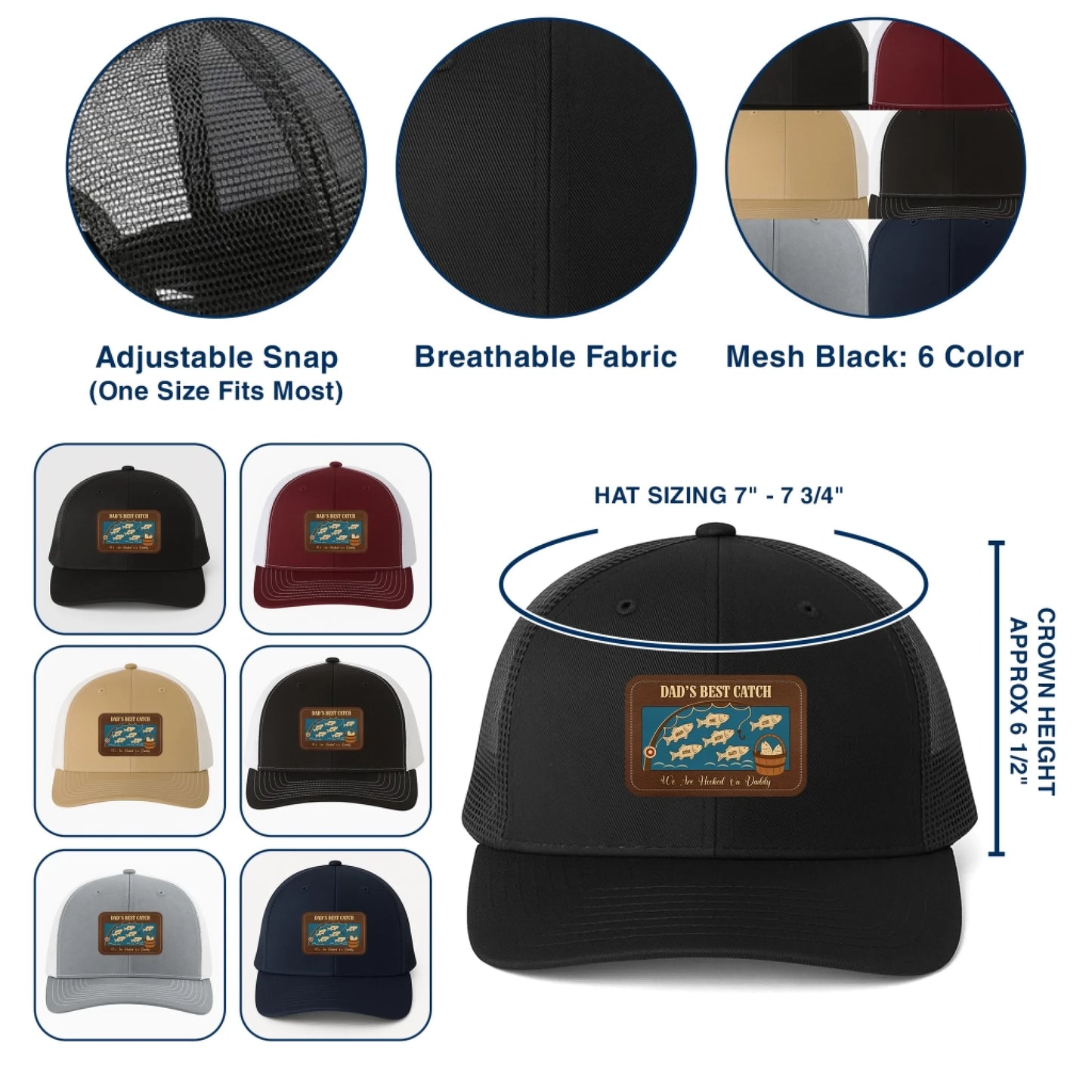 PERSONALIZED LEATHER PATCH HAT, DAD'S BEST CATCH, WE ARE HOOKED ON DADDY, Custom Choo