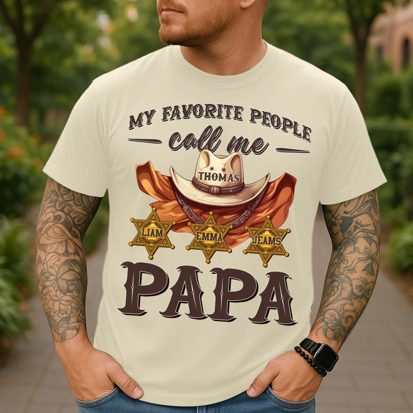 Family Cowboy, My Favorite People Call Me PaPa, Personalized Shirt Dad's Name & Kid's Name - Custom Choo