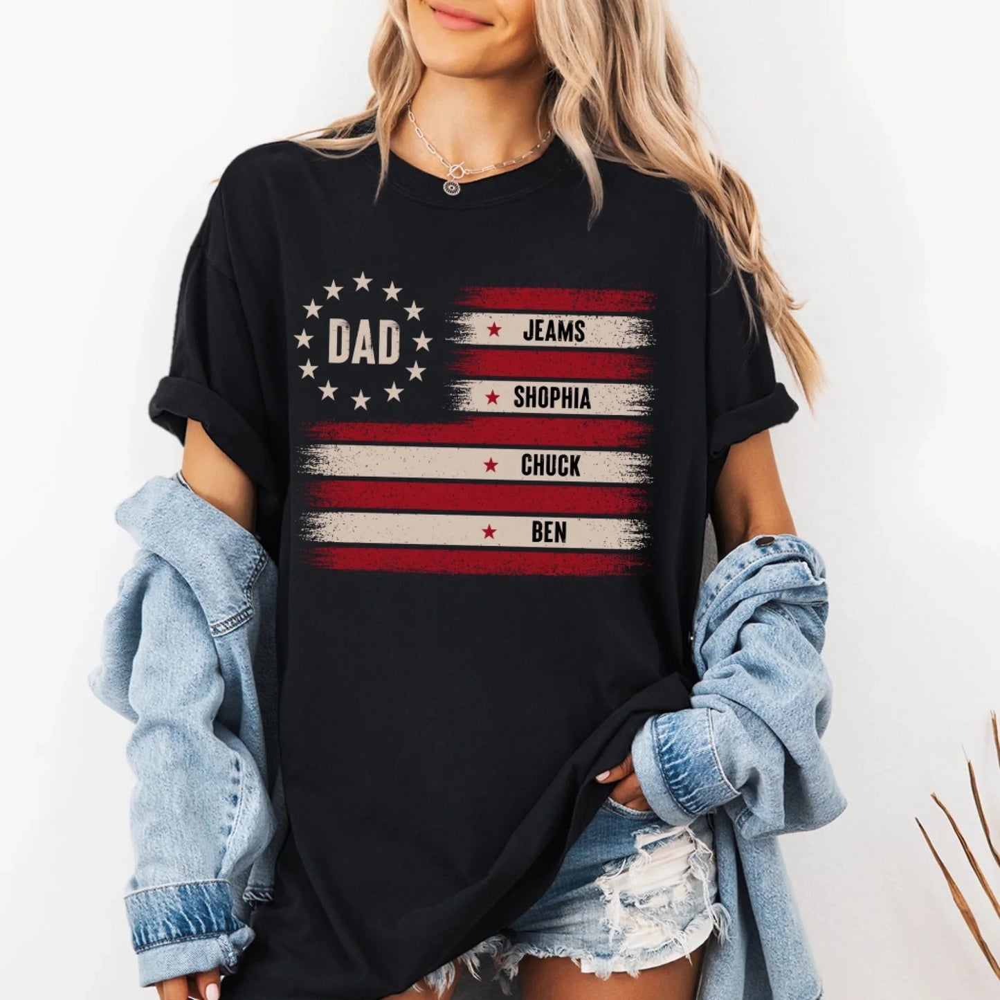 Custom Dad T-Shirt with Kids’ Names – Patriotic Flag Design - Custom Choo