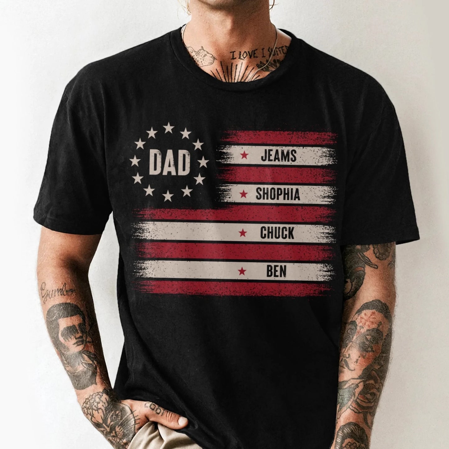 Custom Dad T-Shirt with Kids’ Names – Patriotic Flag Design - Custom Choo