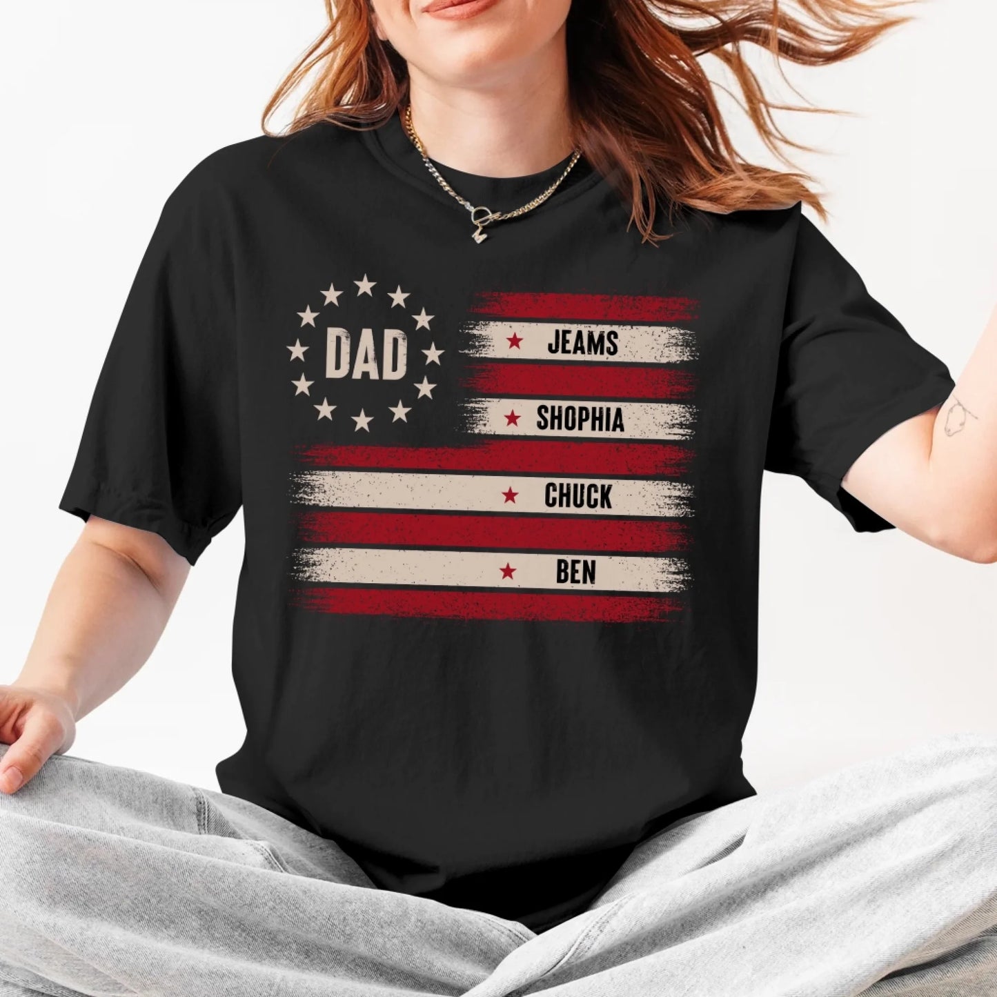 Custom Dad T-Shirt with Kids’ Names – Patriotic Flag Design - Custom Choo