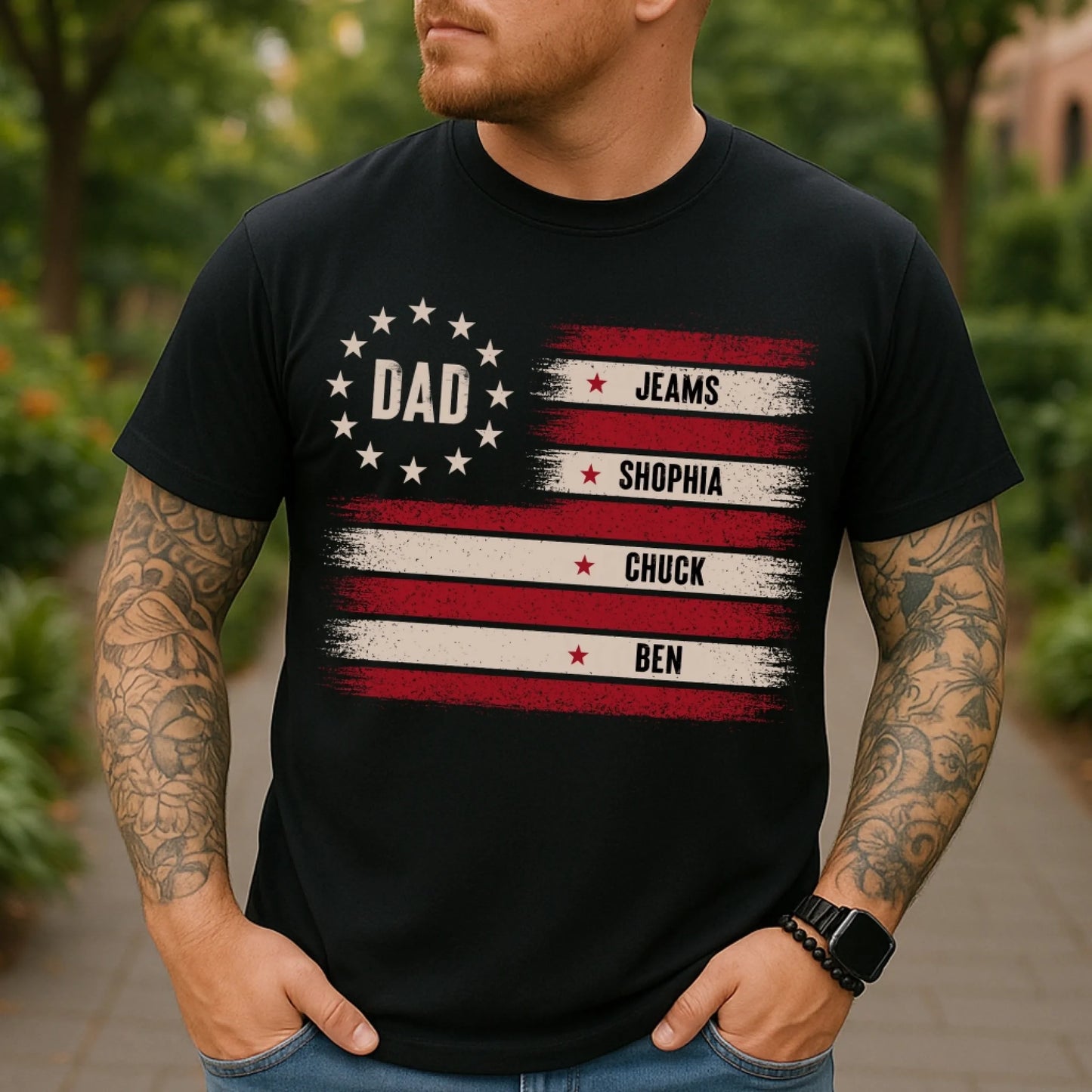 Custom Dad T-Shirt with Kids’ Names – Patriotic Flag Design - Custom Choo