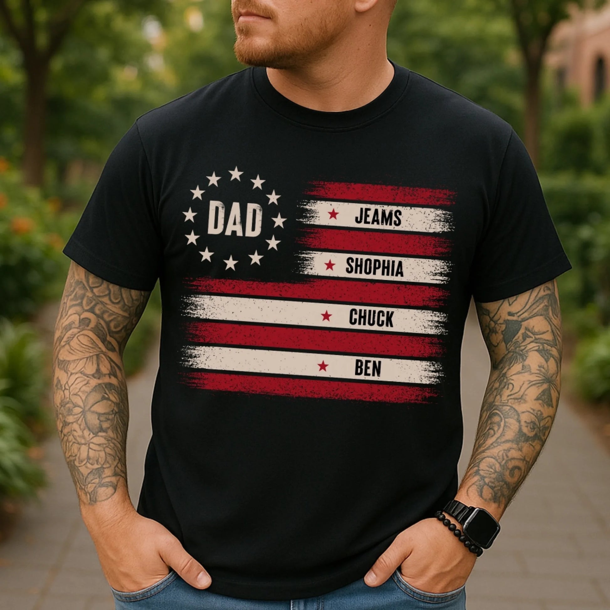 Custom Dad T-Shirt with Kids’ Names – Patriotic Flag Design, Custom Choo