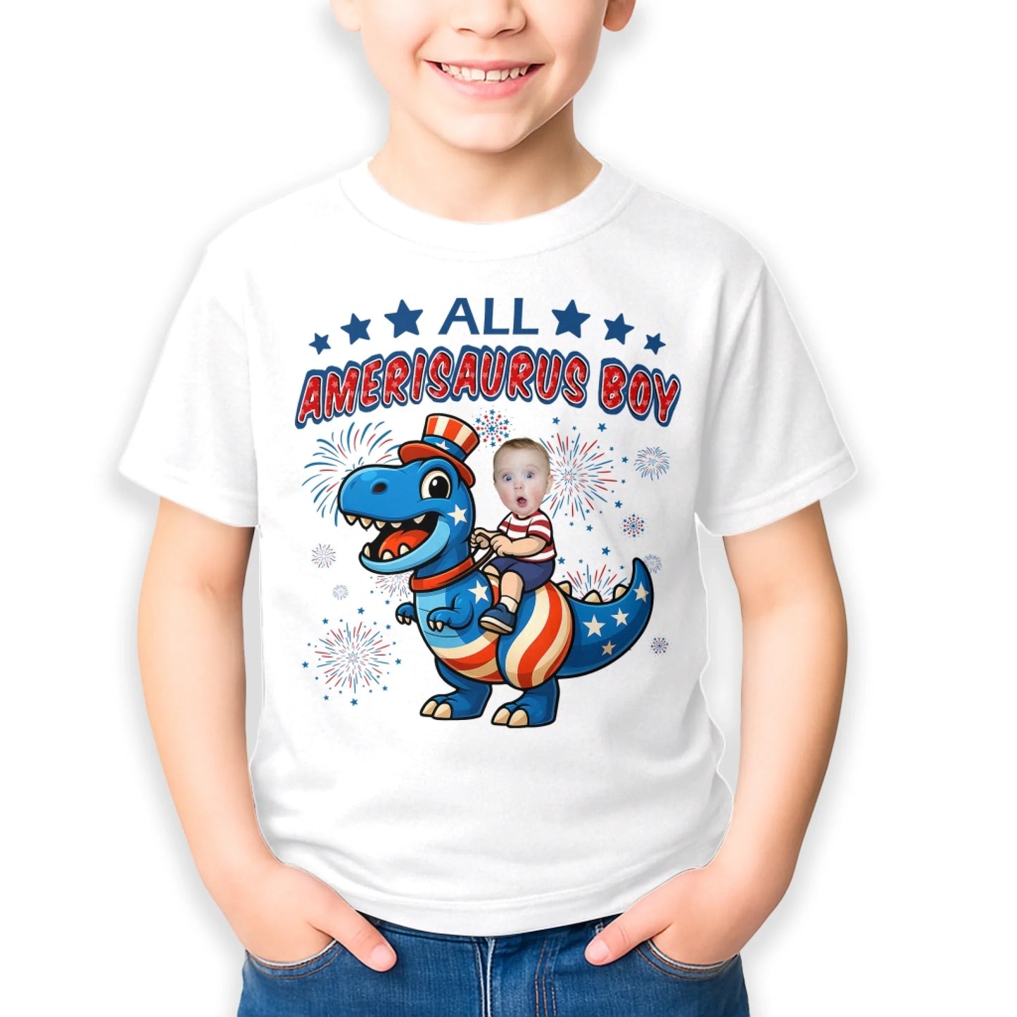 Personalized Photo All Amerisaurus Family, Happy 4th Of Family - Custom Choo