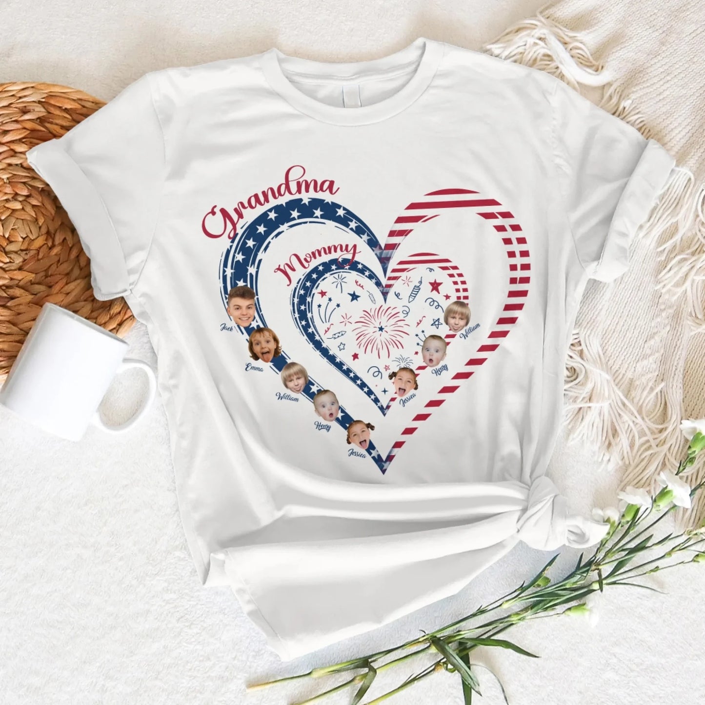 Personalized Heart Flag Shirt for Grandma and Mom – Add Grandkids’ Names & Photos - Custom Choo
