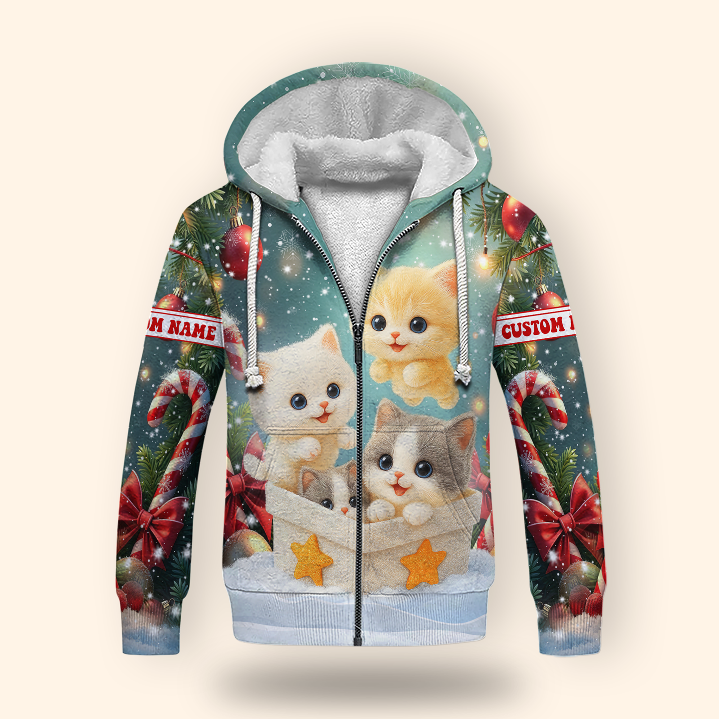 Cute Christmas Cat Hoodie – Kittens in Gift Box Holiday Zip Up