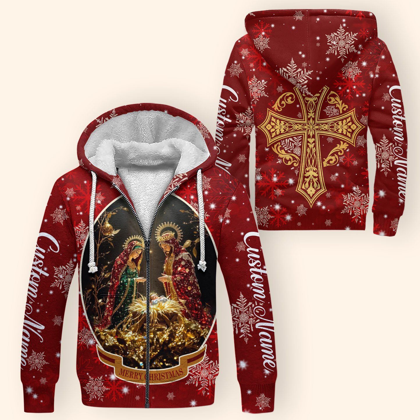 Christian Christmas Hoodie – Nativity Scene and Gold Cross Design, Personalized Faith Gift