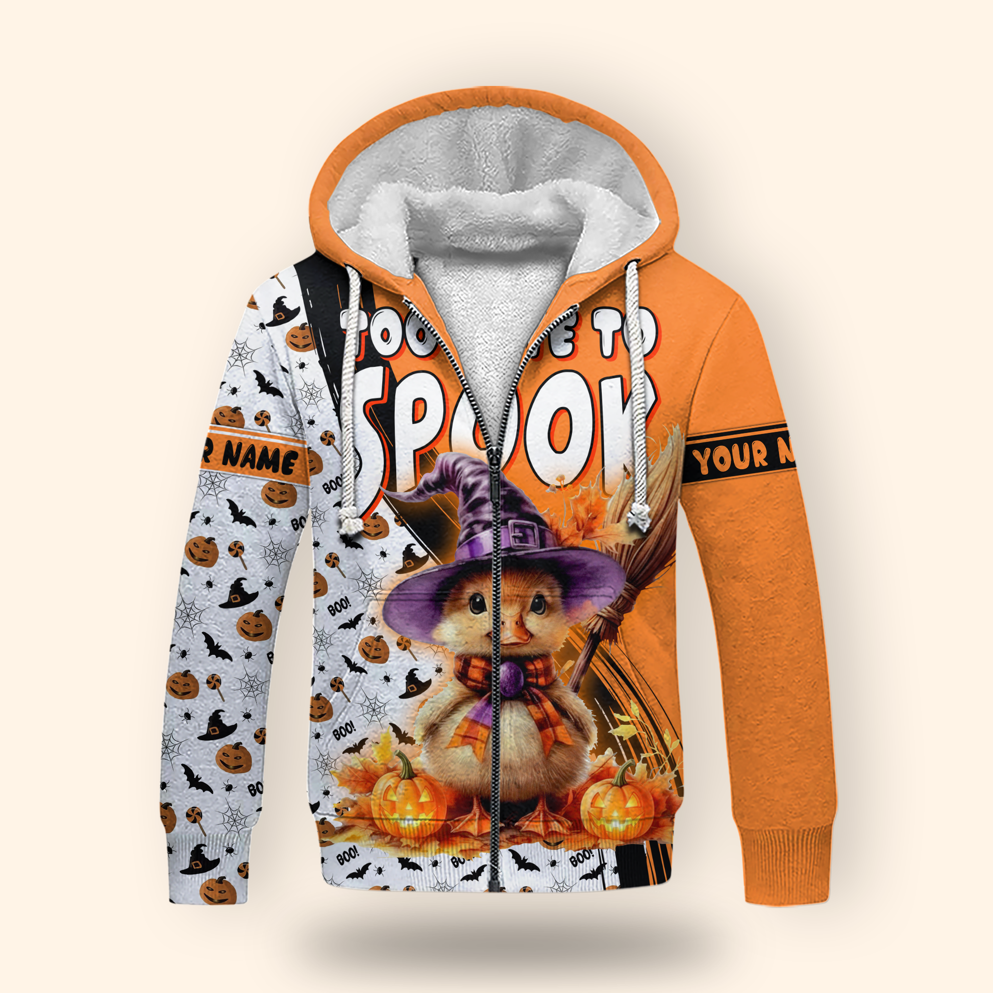 Too Cute To Spook Halloween Hoodie – Personalized Name Pumpkin Witch Cat Jacket, Custom Choo