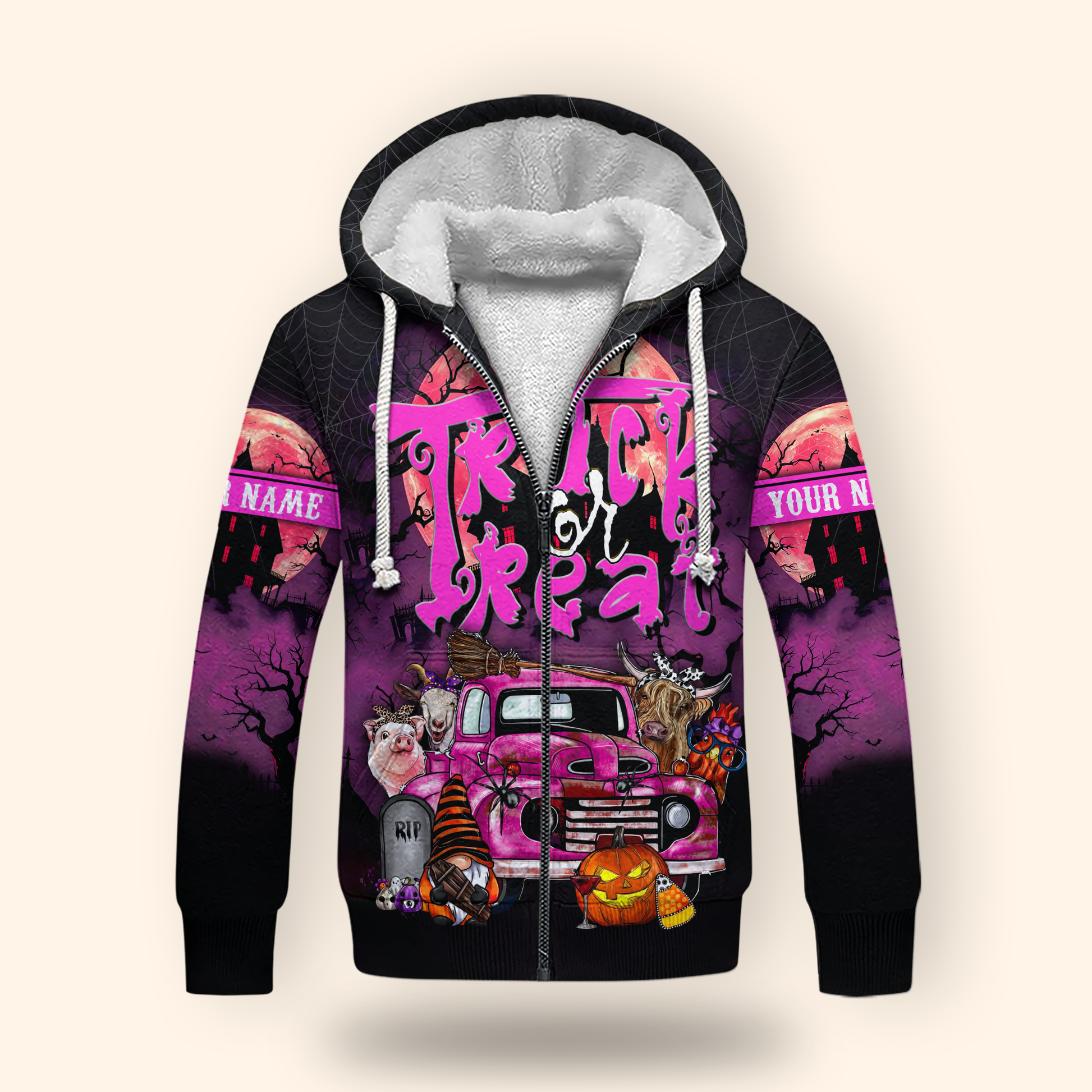 Trick or Treat Truck Hoodie – Halloween Farm Animals & Pumpkin Zip Up, Custom Name, Custom Choo