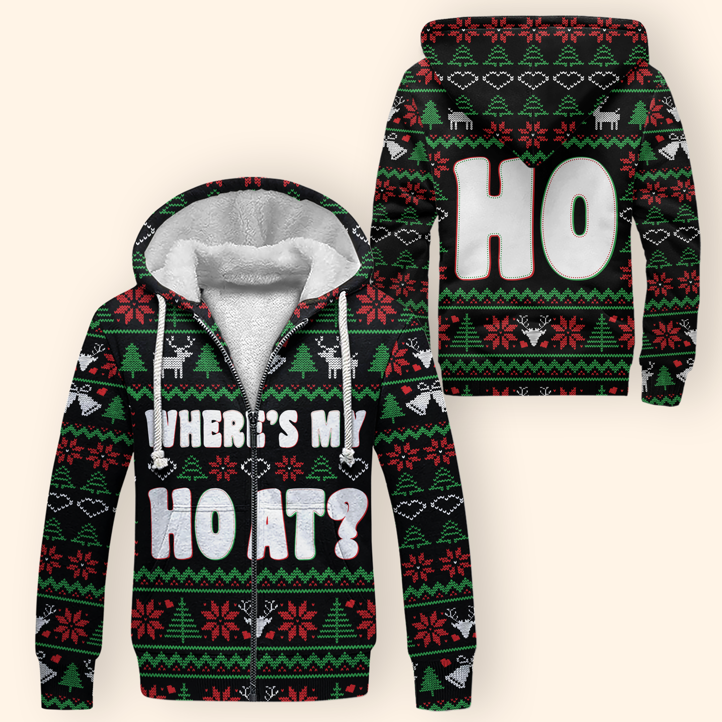 Funny Christmas Hoodie – Where’s My Ho At, Ugly Sweater Style Zip Up, Holiday Party Hoodie Gift for Men Women