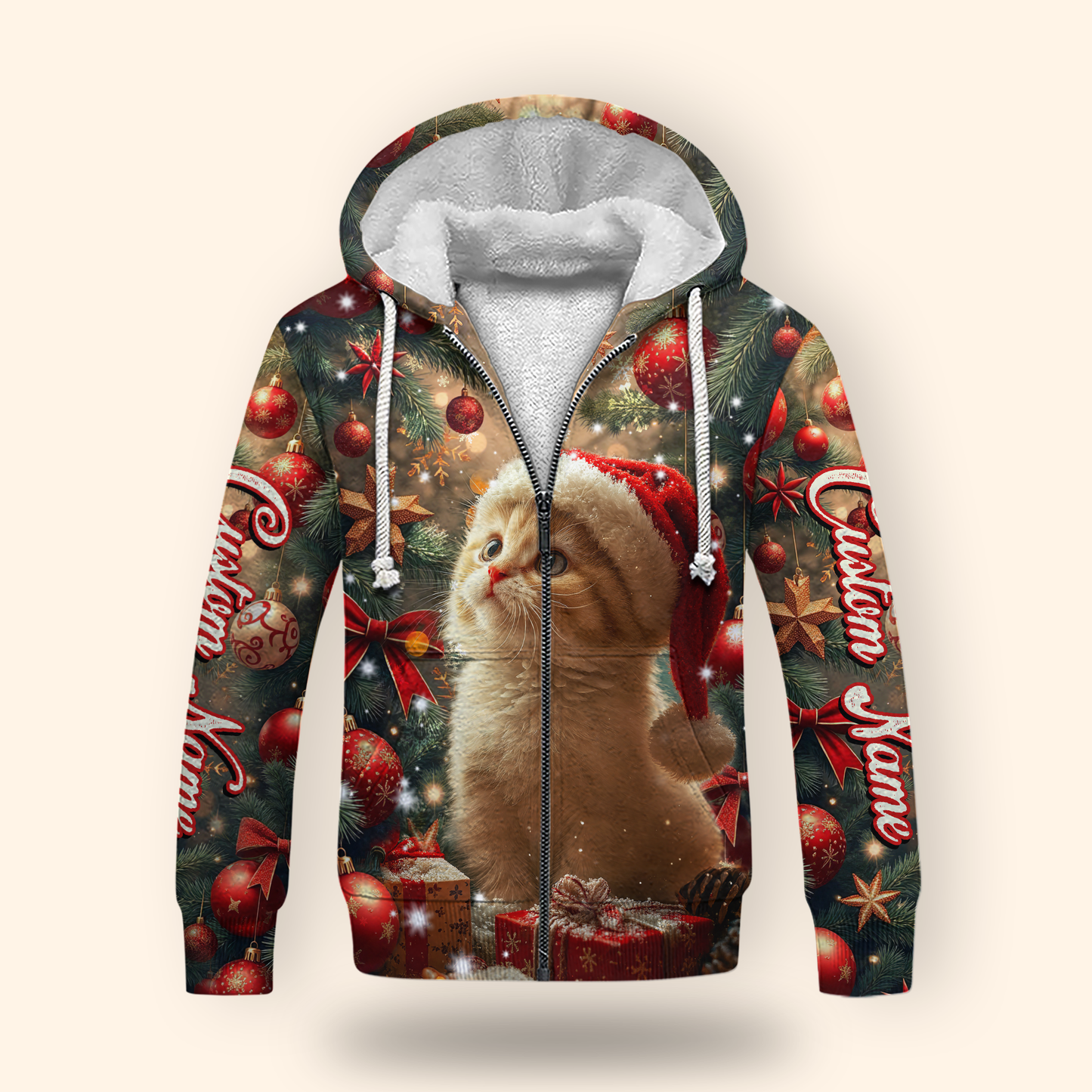 Cute Cat Christmas Hoodie – Personalized Santa Kitty Zip Up