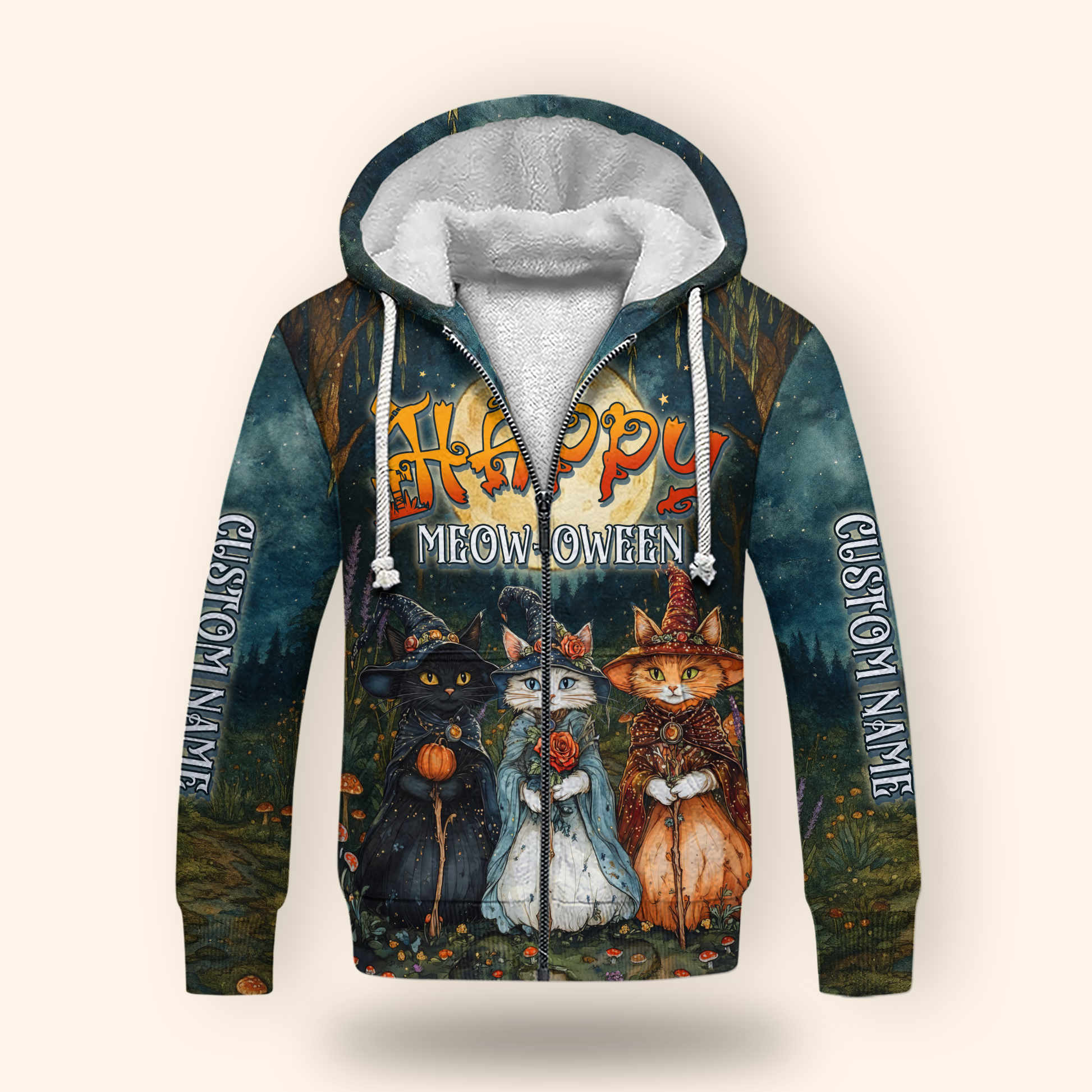 Happy Meow-Oween Hoodie – Halloween Cat Witch 3D Zip Up – Custom Name Hoodie, Custom Choo