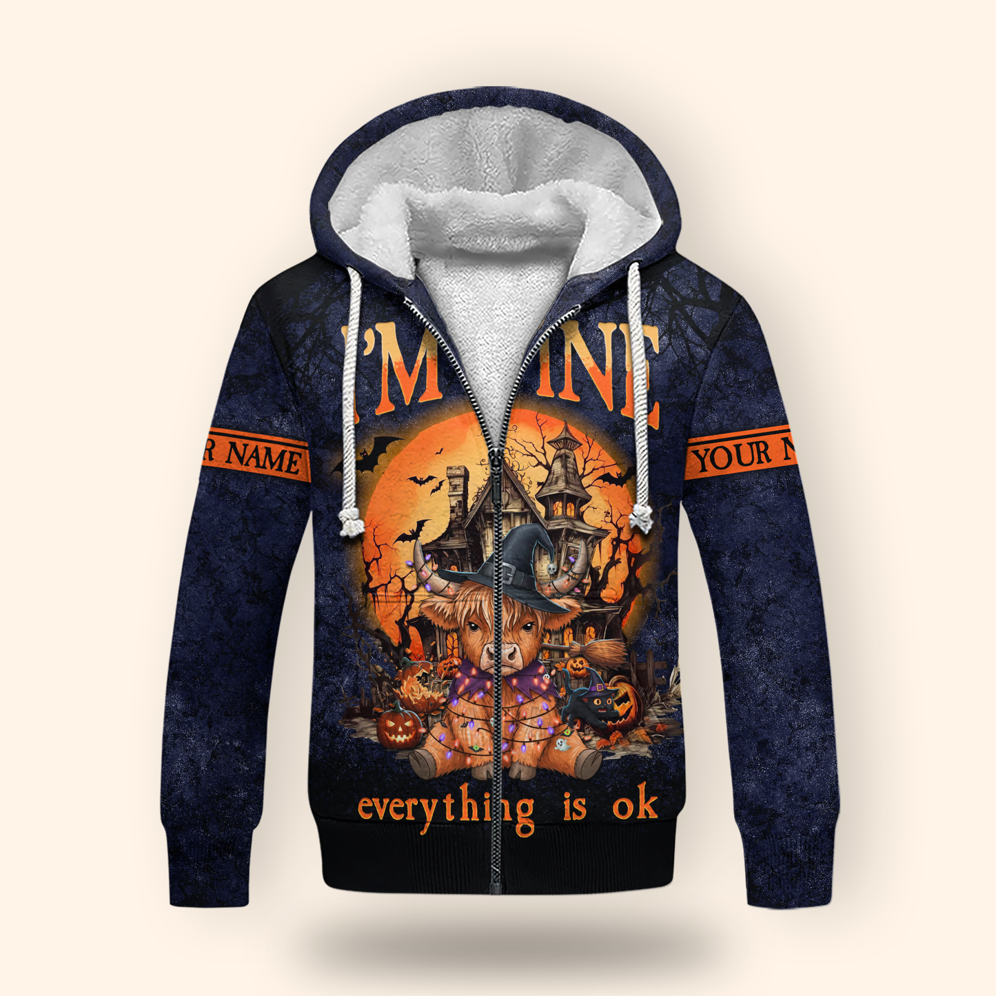 Personalized Halloween Cow Hoodie – "I’m Fine Everything Is Ok" Zip Up, Custom Name Gift, Custom Choo