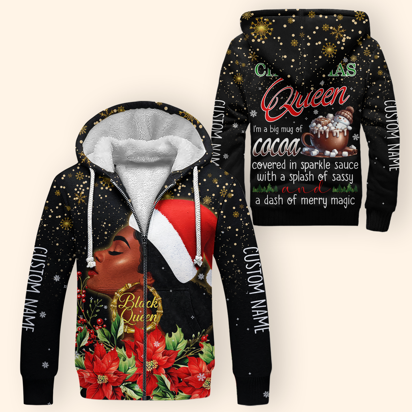Christmas Queen Hoodie – Black Queen Holiday Zip Up, Sassy Cocoa Quote Hoodie, Custom Name Christmas Gift for Her