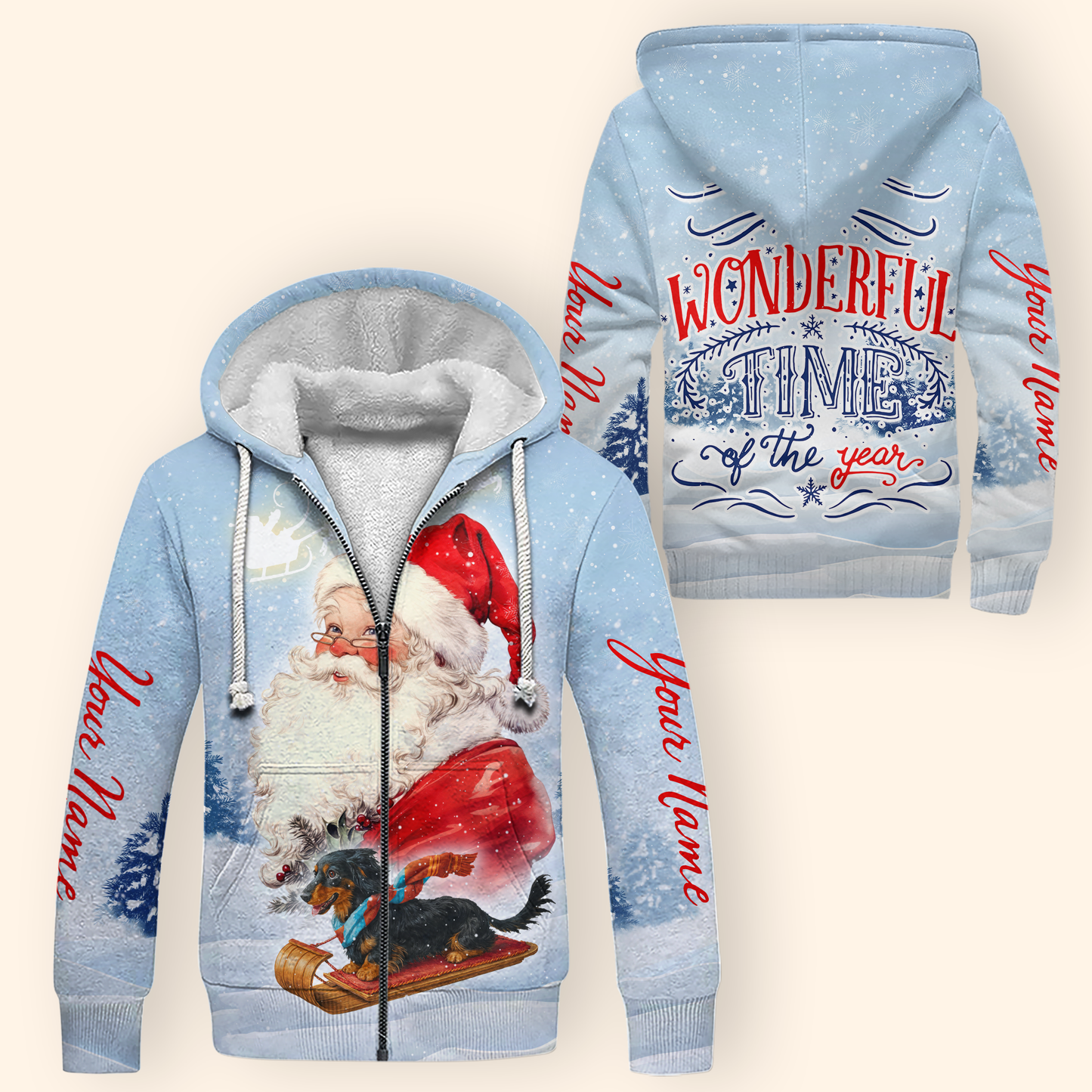 Personalized Santa Claus Christmas Hoodie – A Wonderful Time of the Year, Custom Name Zip Up, Custom Choo