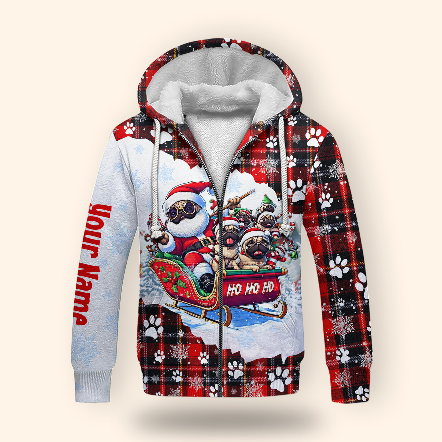 Christmas Pug Hoodie – Santa Sleigh Ride Plaid Hoodie – Custom Name Dog Lovers Gift, Custom Choo