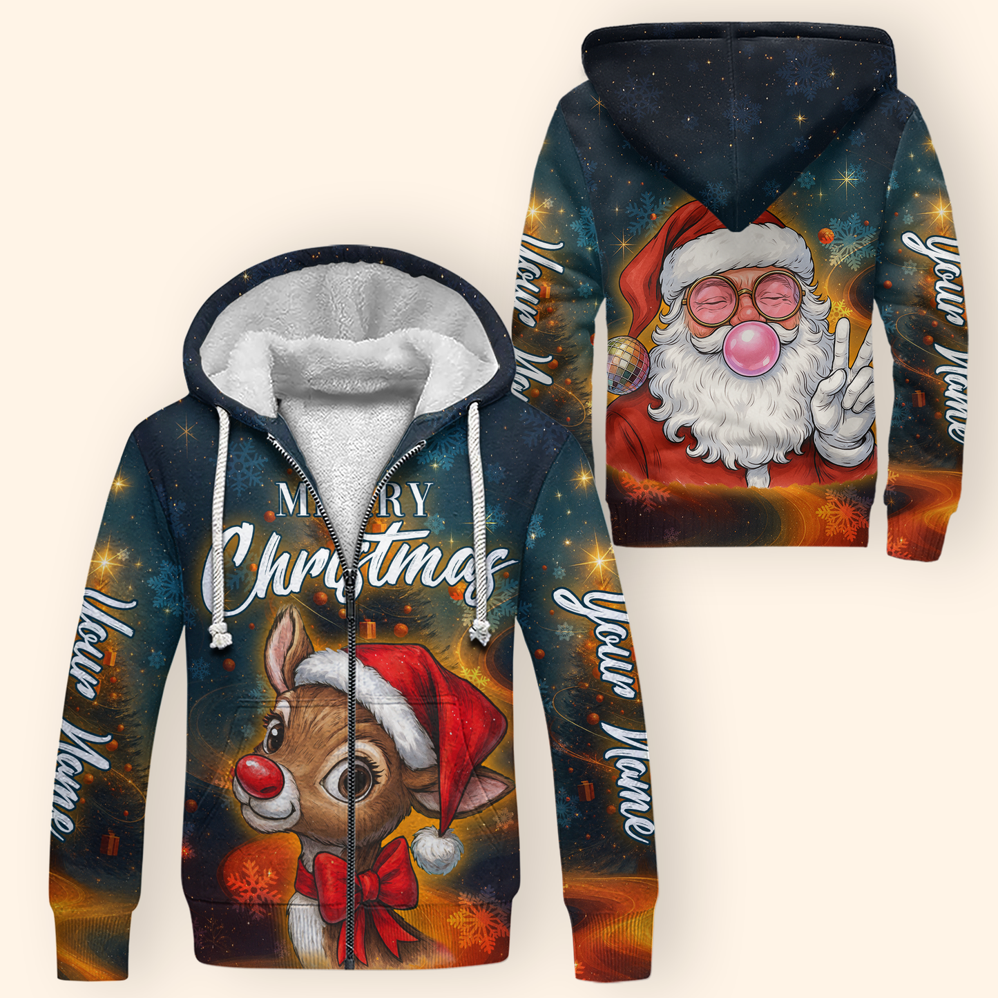 Personalized Merry Christmas Hoodie – Cute Santa & Reindeer Zip Up, Custom Name Holiday Gift, Custom Choo