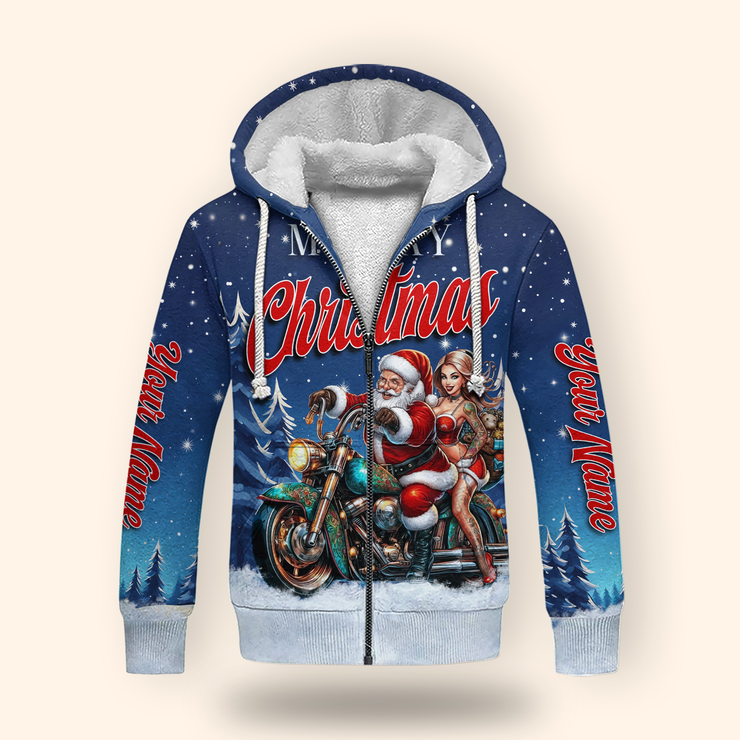 Santa Biker Christmas Hoodie – Merry Christmas Motorcycle Hoodie, Personalized Name Gift