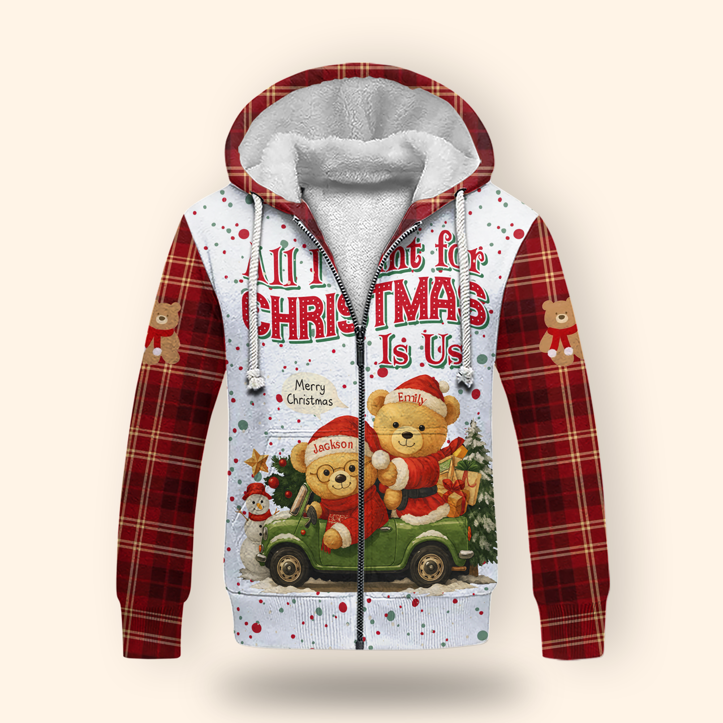 Personalized Teddy Bear Christmas Hoodie – All I Want for Christmas Is Us, Custom Name Gift, Custom Choo