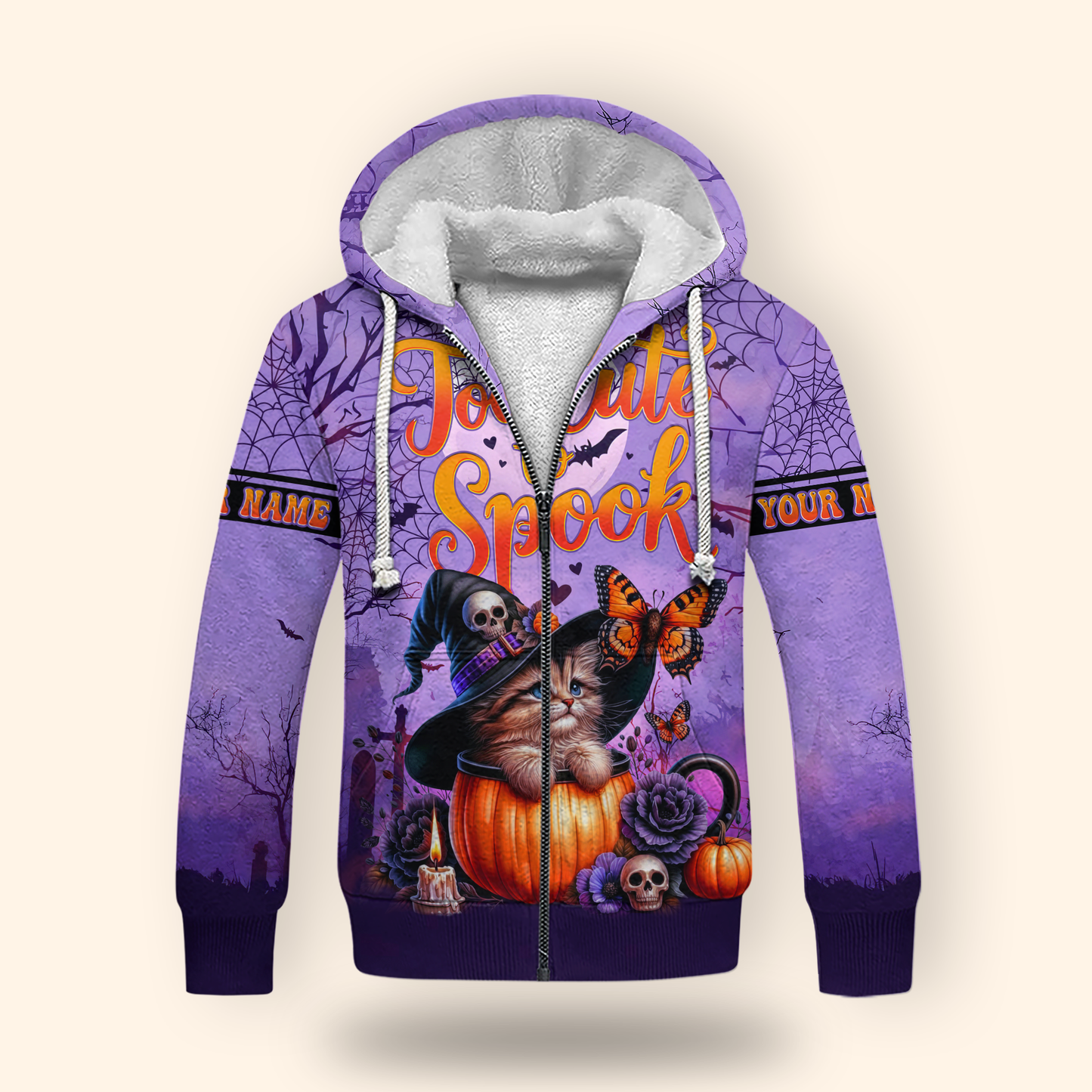Too Cute To Spook Halloween Cat Hoodie – Personalized Name Zip Up Jacket, Custom Choo