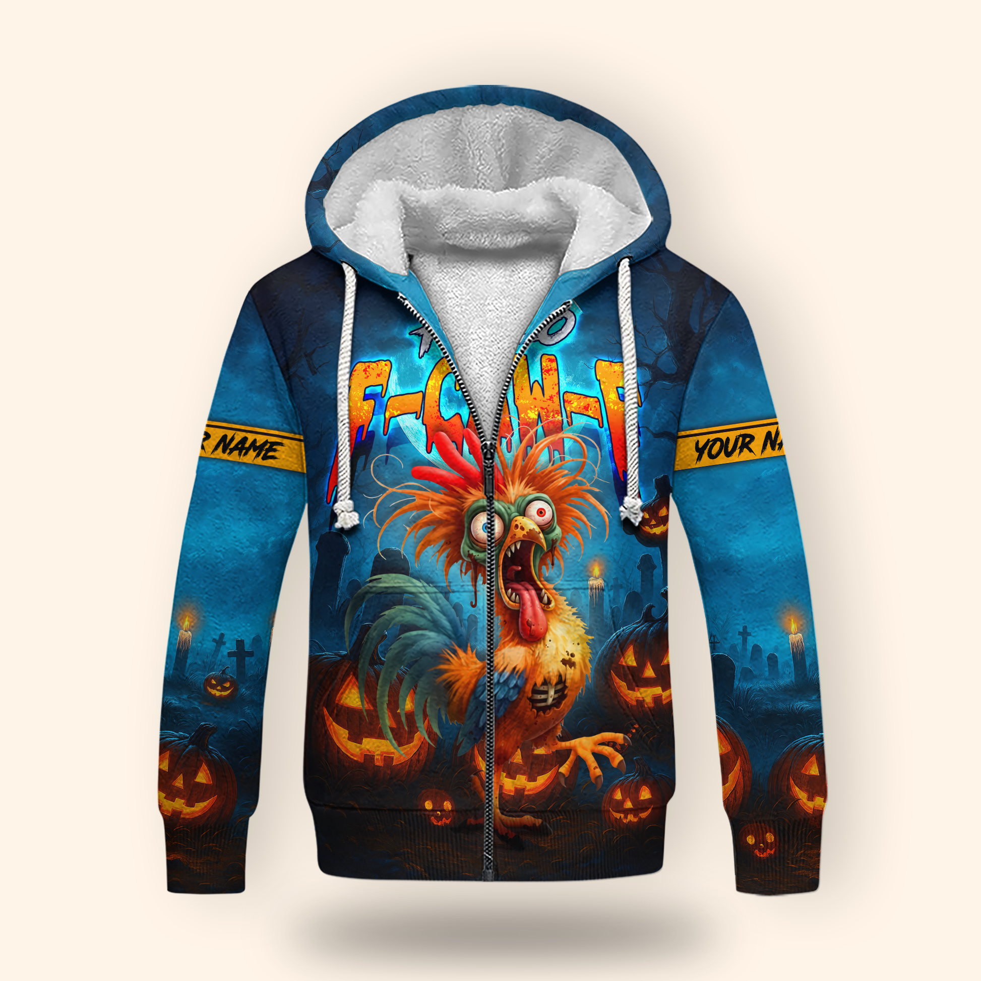 Funny Chicken Halloween Hoodie – Hallo F-Caw-F Scared Rooster – Custom Name Zip Up Hoodie, Custom Choo