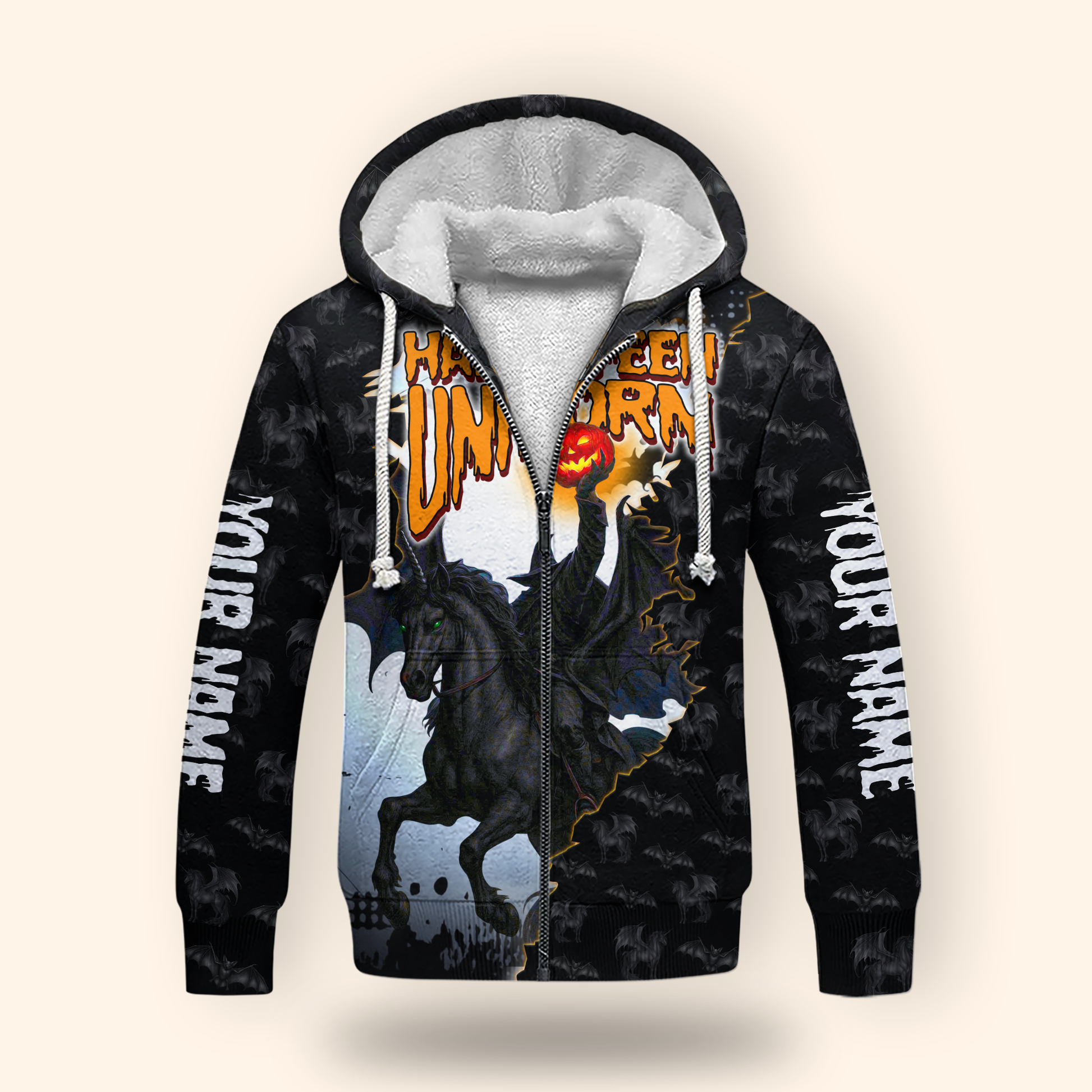 Halloween Unicorn Hoodie – Spooky Black Unicorn Zip Up Jacket, Custom Name Gift, Custom Choo