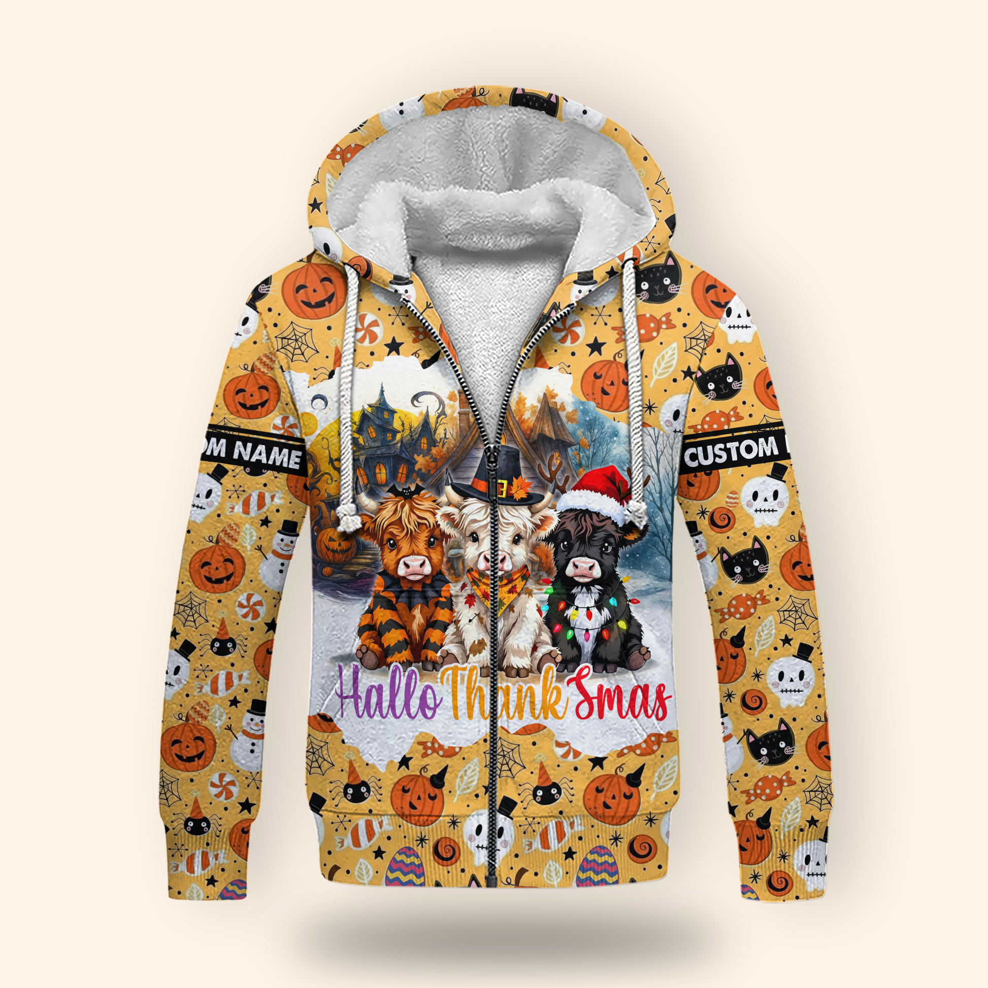 HalloThanksmas Hoodie – Funny Cow Family Halloween Thanksgiving Christmas Sweater, Custom Choo