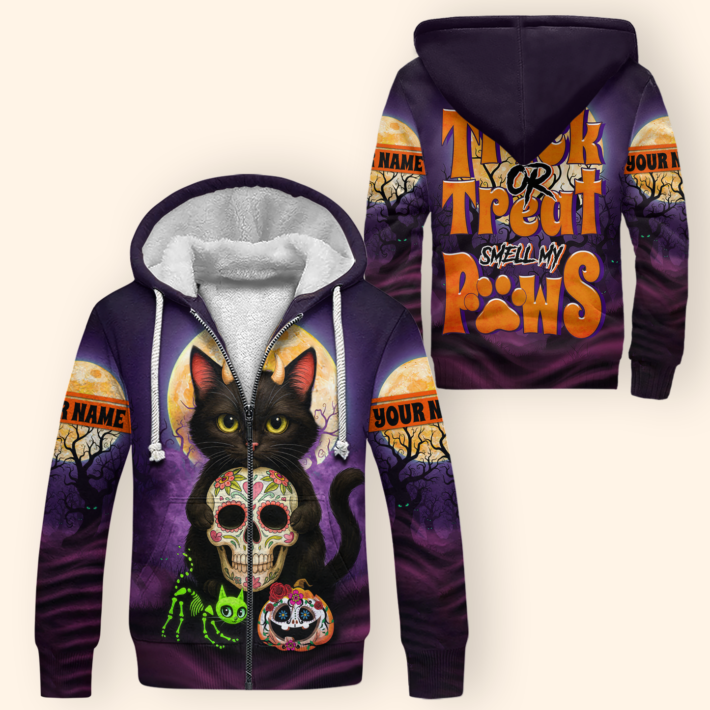 Trick or Treat Smell My Paws Hoodie – Halloween Black Cat & Sugar Skull, Custom Name Zip Up, Custom Choo