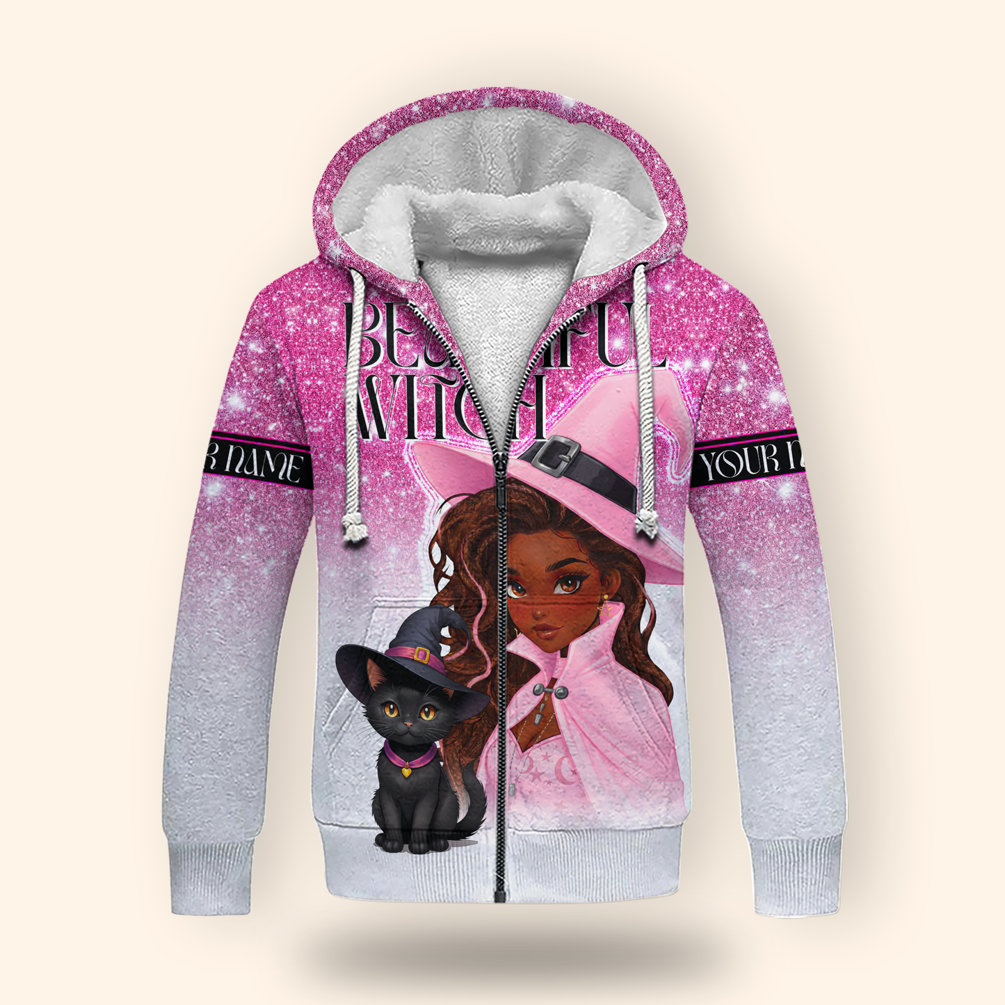 Personalized Beautiful Witch Hoodie – Pink Witch and Black Cat Halloween Zip Up, Custom Choo