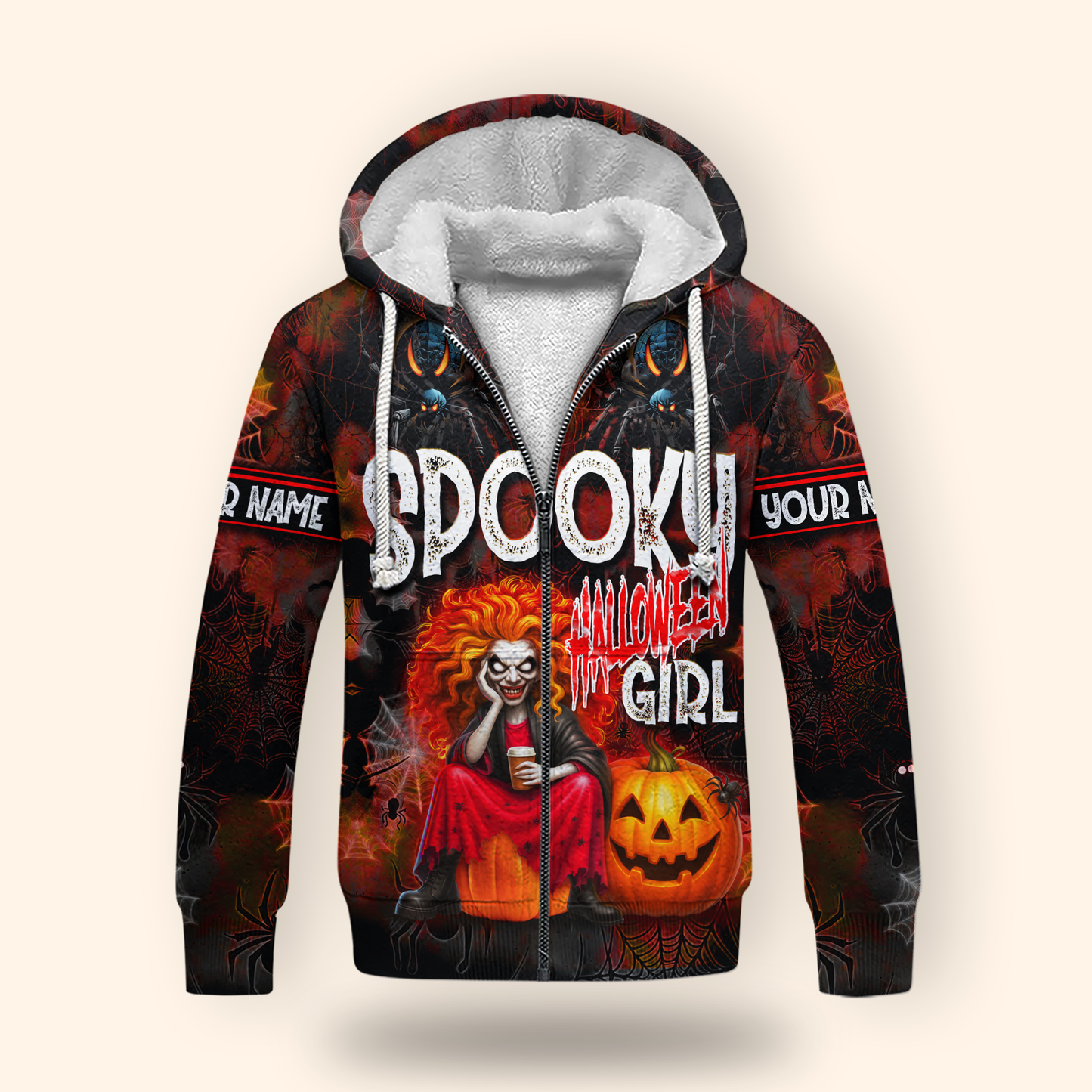 Spooky Halloween Girl Hoodie – Personalized Name Creepy Zip Up Jacket, Custom Choo