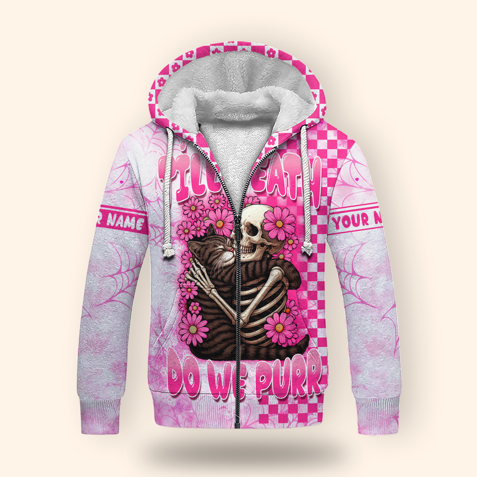 Personalized Cat Skeleton Hoodie – Till Death Do We Purr Pink Gothic Zip Up, Custom Choo