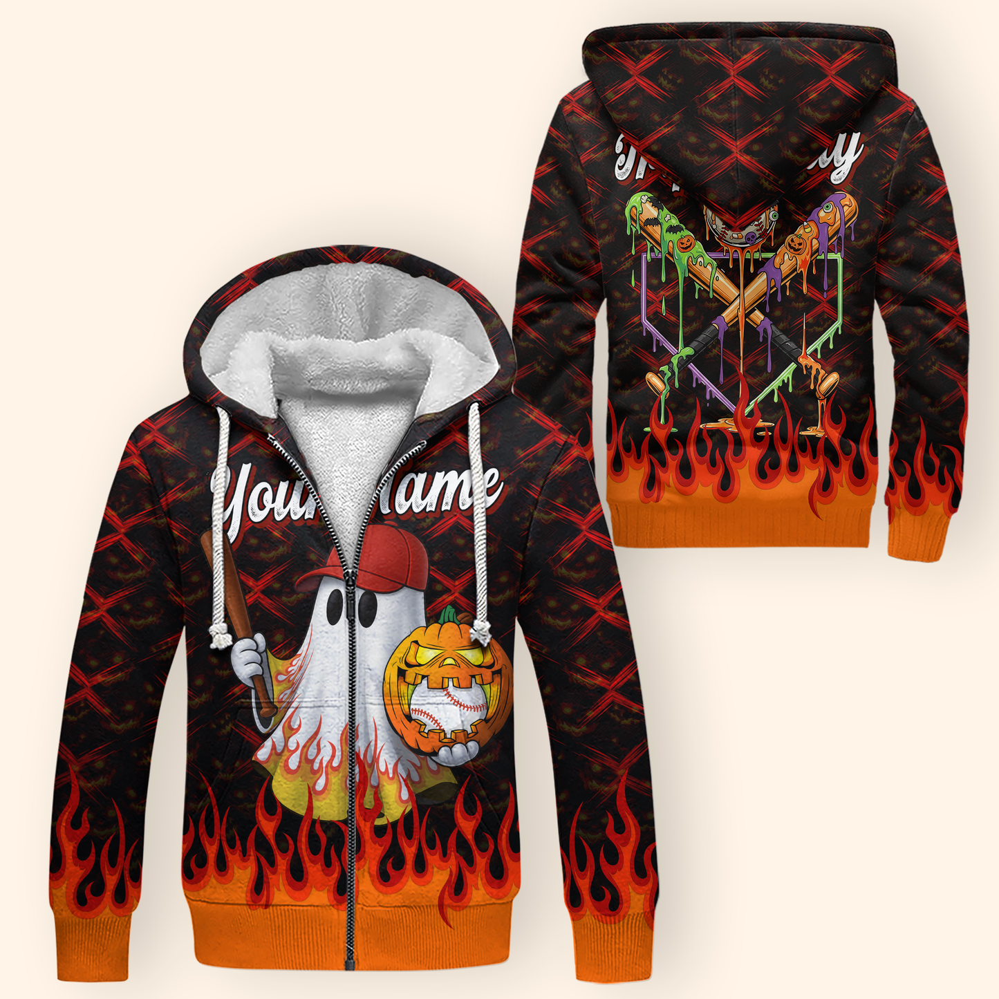 Personalized Baseball Halloween Hoodie – Ghost with Pumpkin & Bat, Custom Name Zip Up, Custom Choo