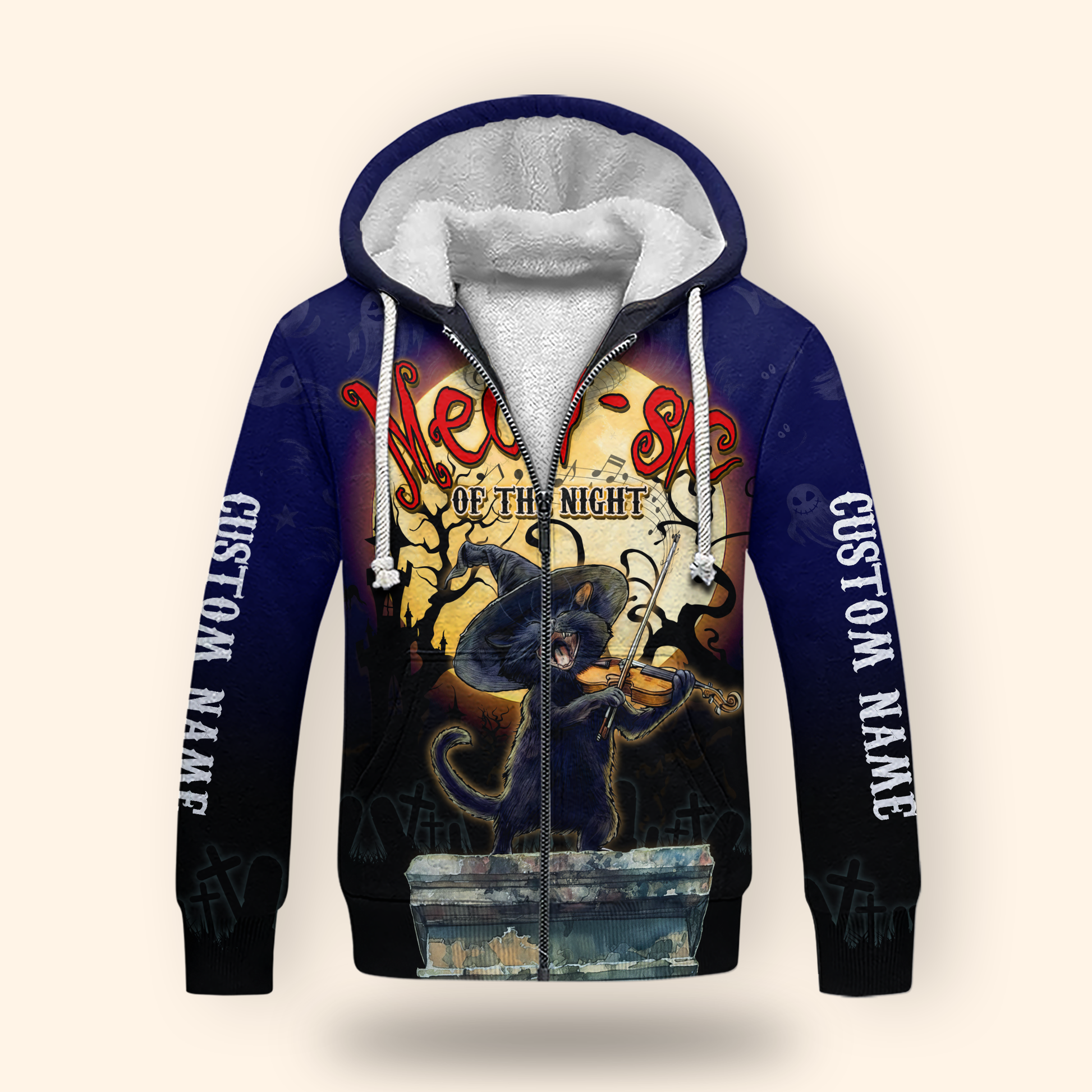 Personalized Halloween Cat Hoodie – Meow-sic of the Night Custom Name Zip Up, Custom Choo