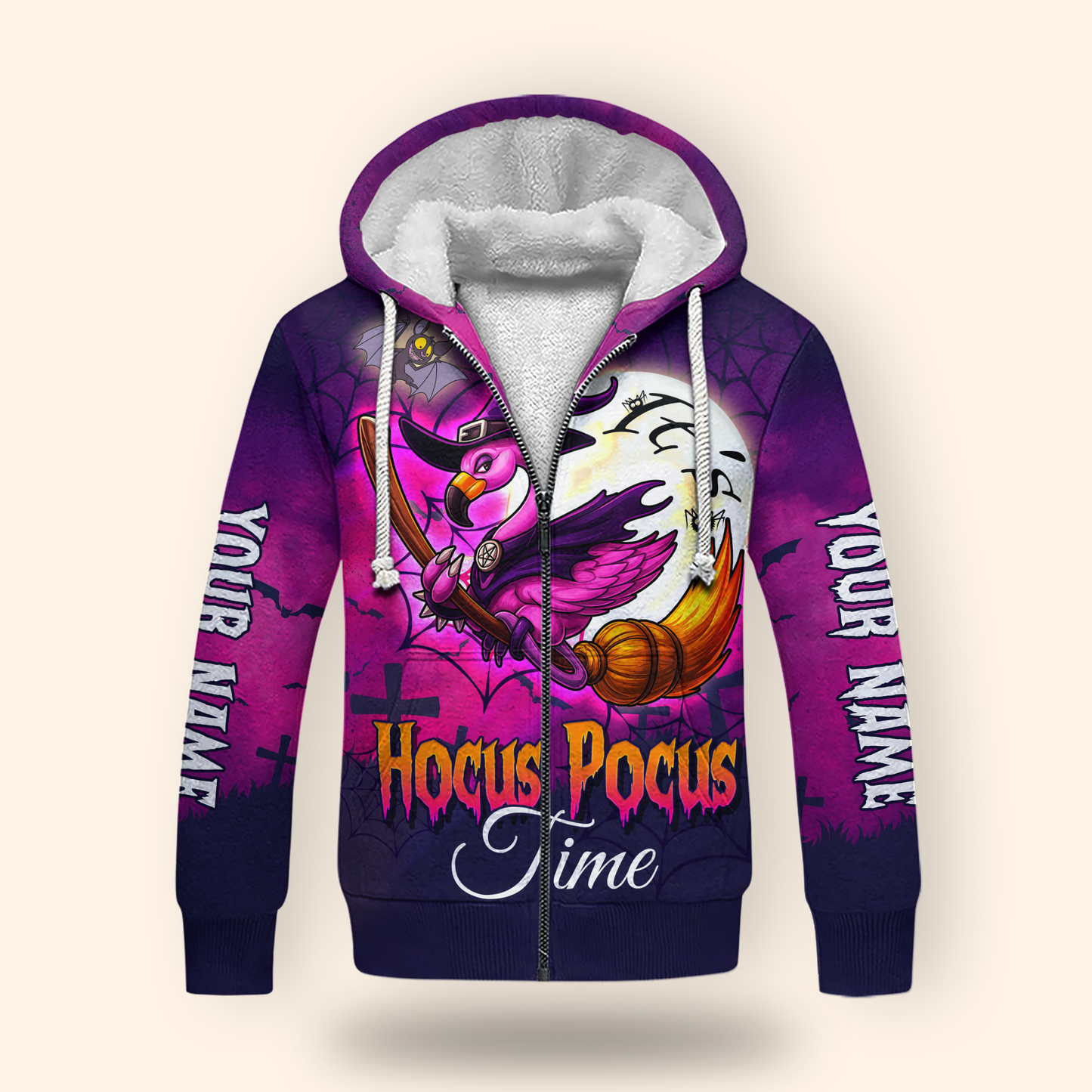 Personalized Hocus Pocus Hoodie – Flamingo Witch on Broom Halloween Zip Up, Custom Choo