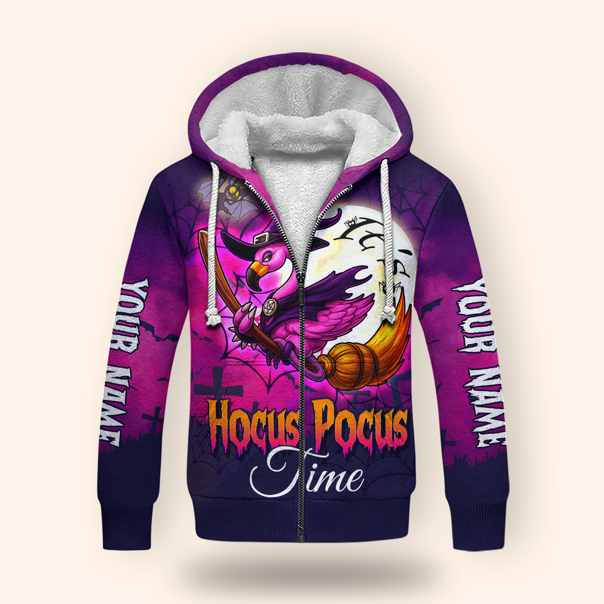 Personalized Hocus Pocus Hoodie – Flamingo Witch on Broom Halloween Zip Up, Custom Choo