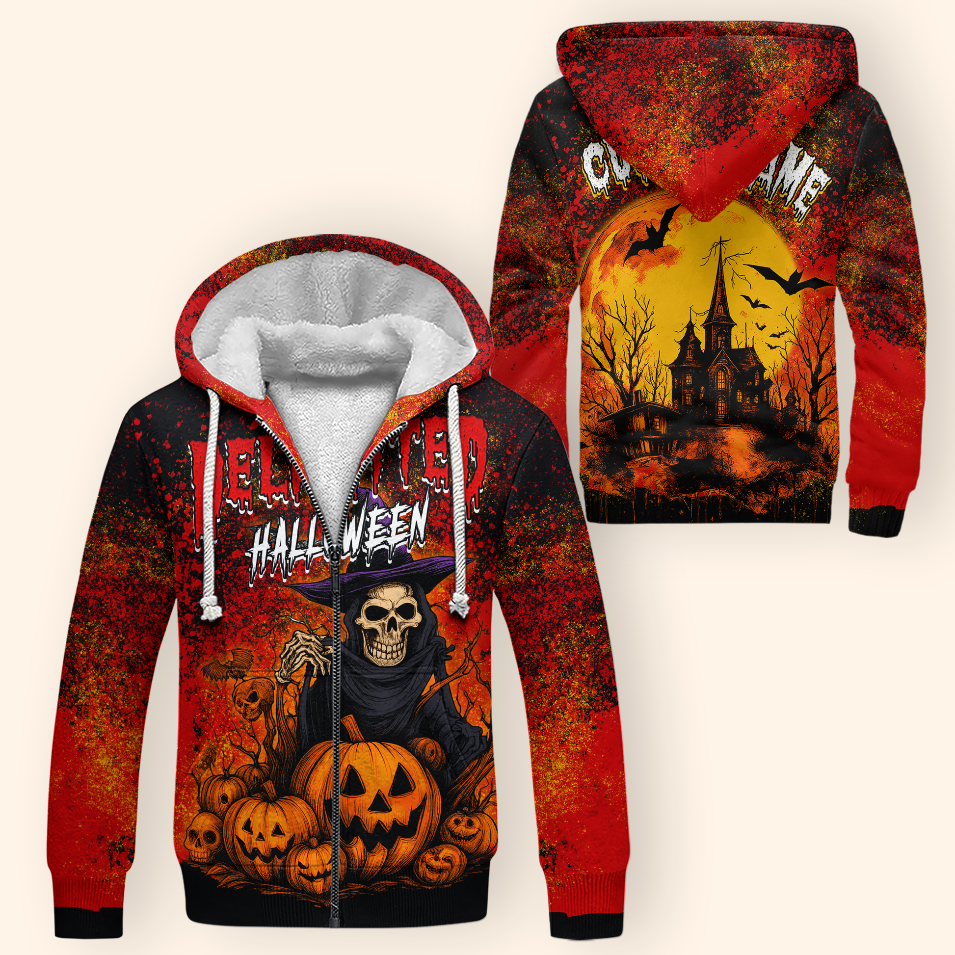 Delighted Halloween Hoodie – Grim Reaper Skeleton with Pumpkins – Custom Name Zip Up, Custom Choo