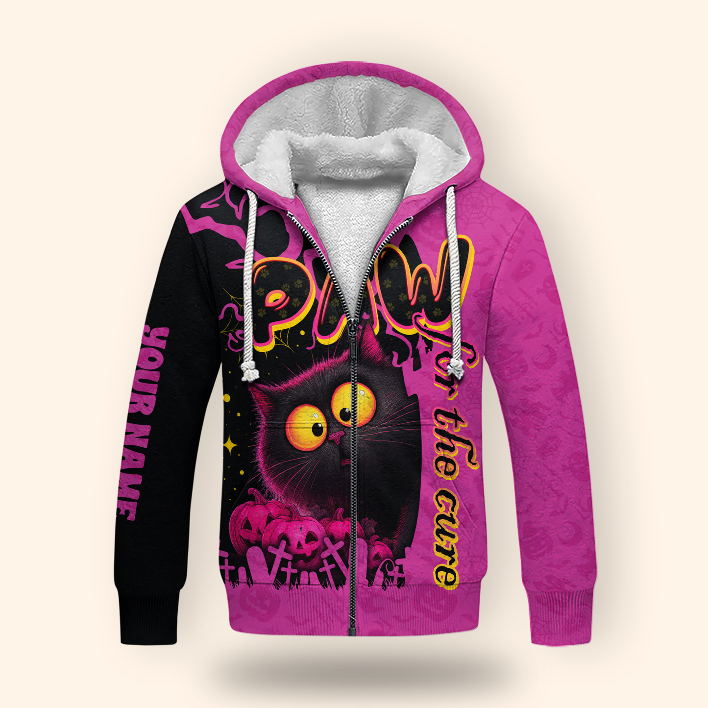 Personalized Cat Hoodie – Paw for the Cure Black Cat Pink Halloween Zip Up, Custom Choo