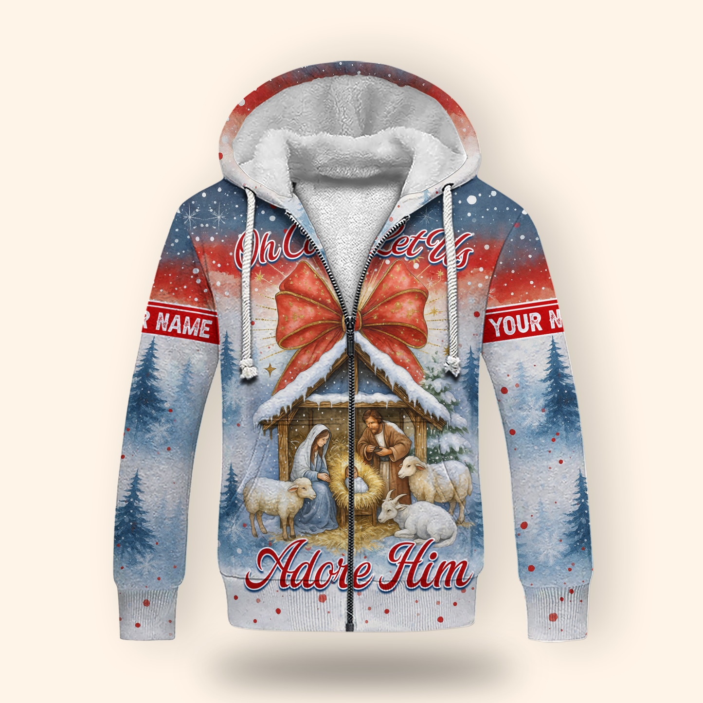 Christian Christmas Hoodie – Oh Come Let Us Adore Him Nativity Scene, Personalized Holiday Zip Up, Custom Choo