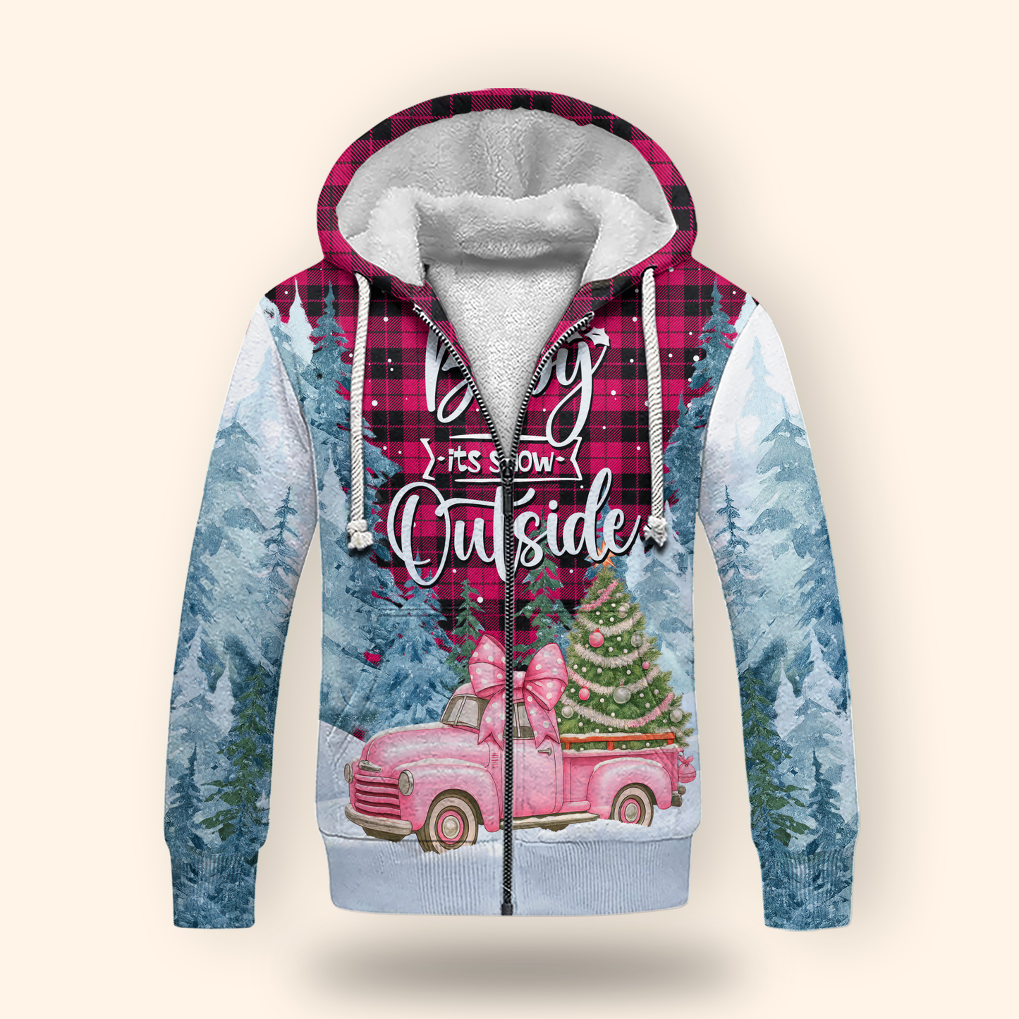 Baby It’s Snow Outside Hoodie – Pink Truck Christmas Zip Up, Winter Holiday Sweater